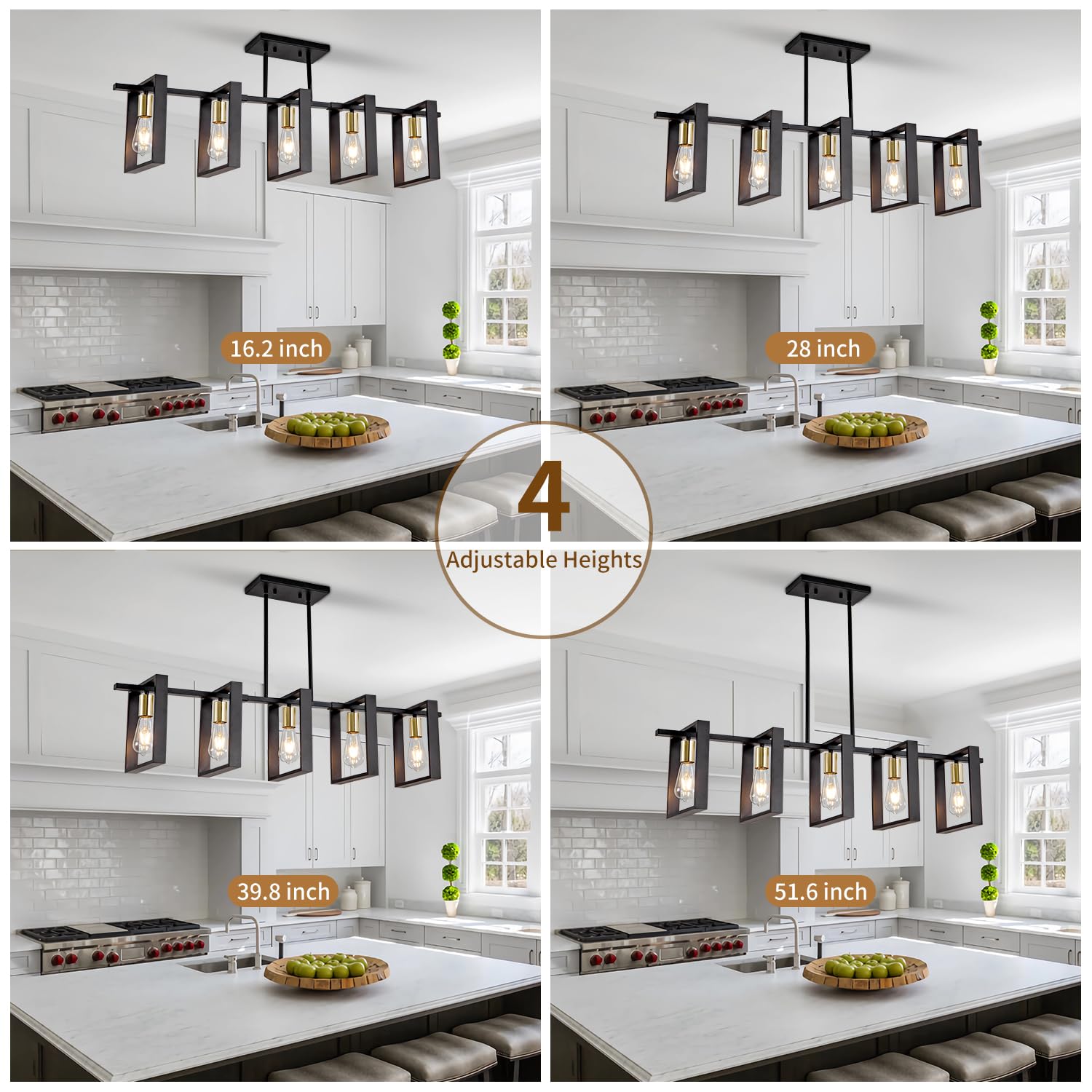 Farmhouse Kitchen Island Lighting Black Chandeliers for Dining Room Wooden Island Lights,Industrial Rectangle Light Fixtures Ceiling Hanging (4 Lights)