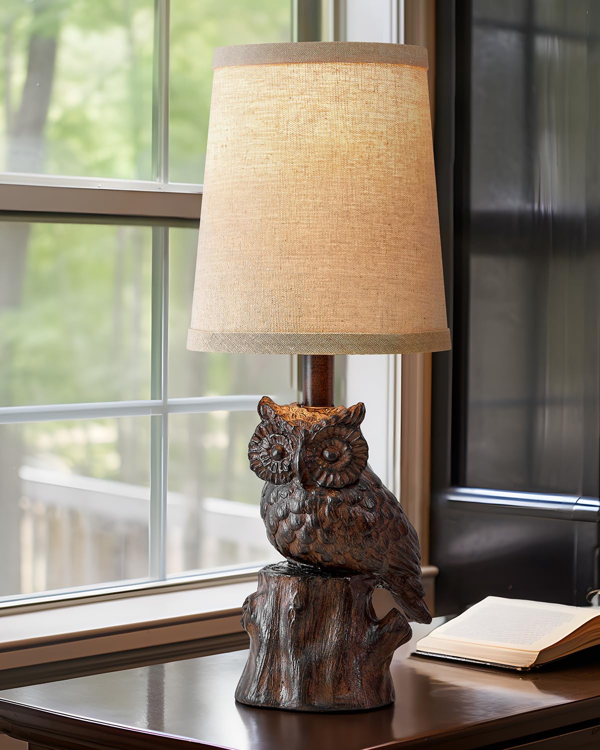 Small Table Lamp for Living Room Farmhouse Bedside Resin Single Lamp with Brown Owl Lamp Shape for Bedroom Retro Rustic Nightstand Lamp