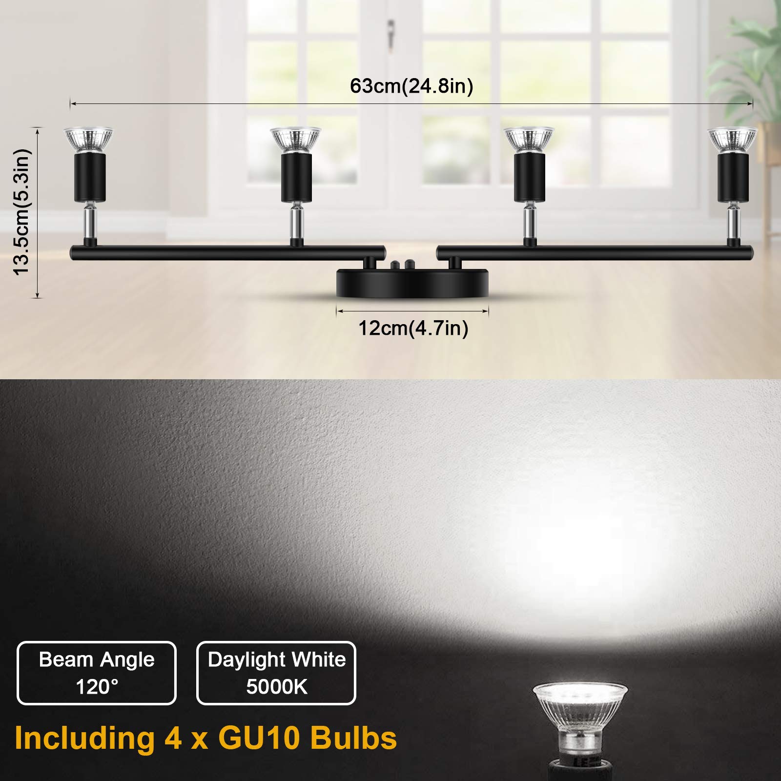 4-Light LED Track Lighting Kit, Flexibly Rotatable Light Heads, 4 Way Ceiling Spotlight Matt Nickel Finish, Including 4 GU10 LED Bulbs (4W 400LM Daylight White 5000K)