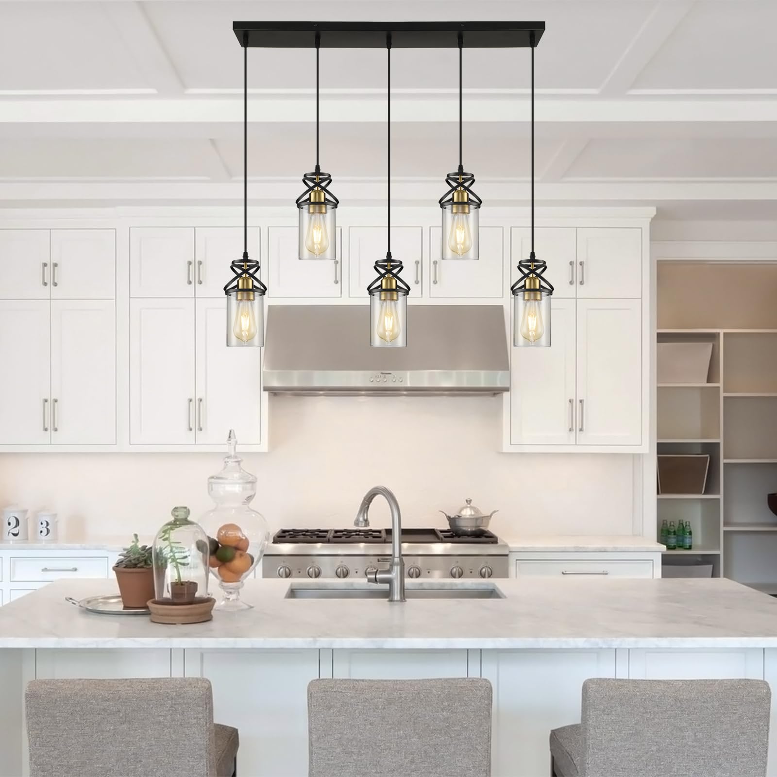 Modern Pendant Light Fixture Farmhouse Hanging Light with Clear Glass Shade, Industrial Black and Gold Pendant Lighting for Kitchen Island Dining Room Bedroom