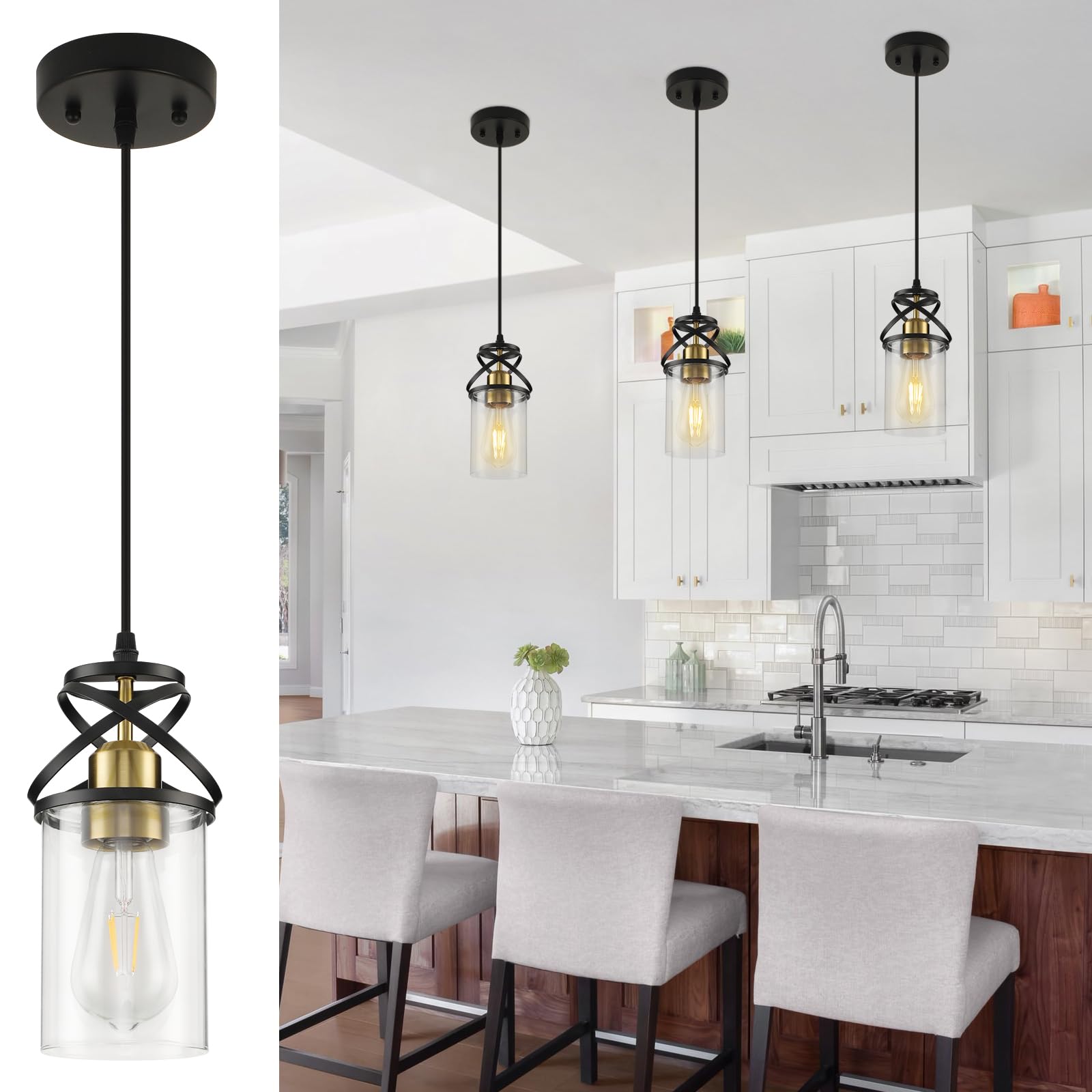 Modern Pendant Light Fixture Farmhouse Hanging Light with Clear Glass Shade, Industrial Black and Gold Pendant Lighting for Kitchen Island Dining Room Bedroom