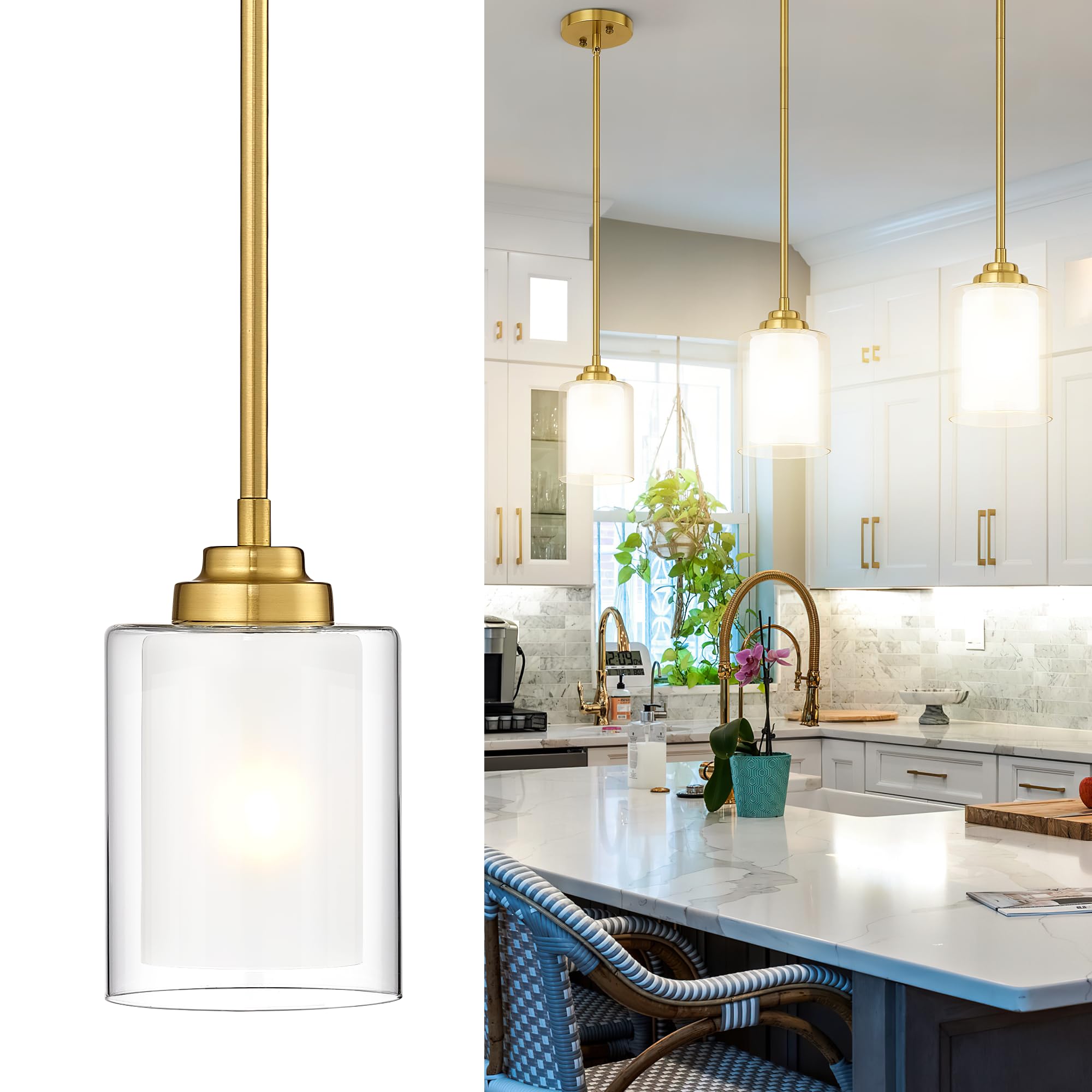 TENGXIN Modern Pendant Light,Brushed Gold Modern Pendant Light for Kitchen Island,Hanging Ceiling Light Fixture,Farmhouse Pendant Lighting for Dining Room Bedroom Bar Office,TXPLBG02