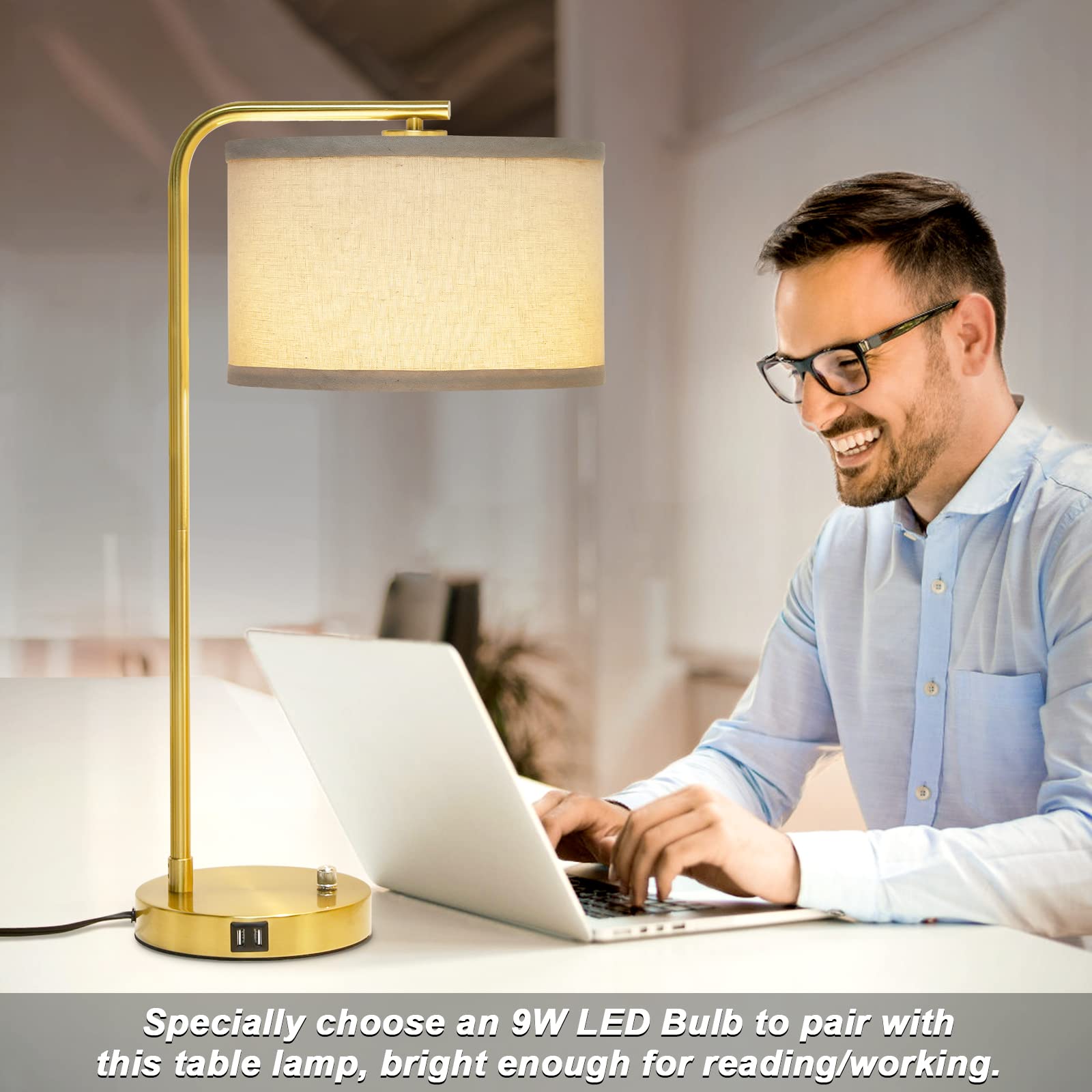 USB Bedside Lamp, Industrial Side Table Lamp with Dual USB Charging Ports, Fully Dimmable Nightstand Lamp, Tall Reading Lamp Desk Lamp for Bedroom, Living Room, Office, 9W LED Bulb Included