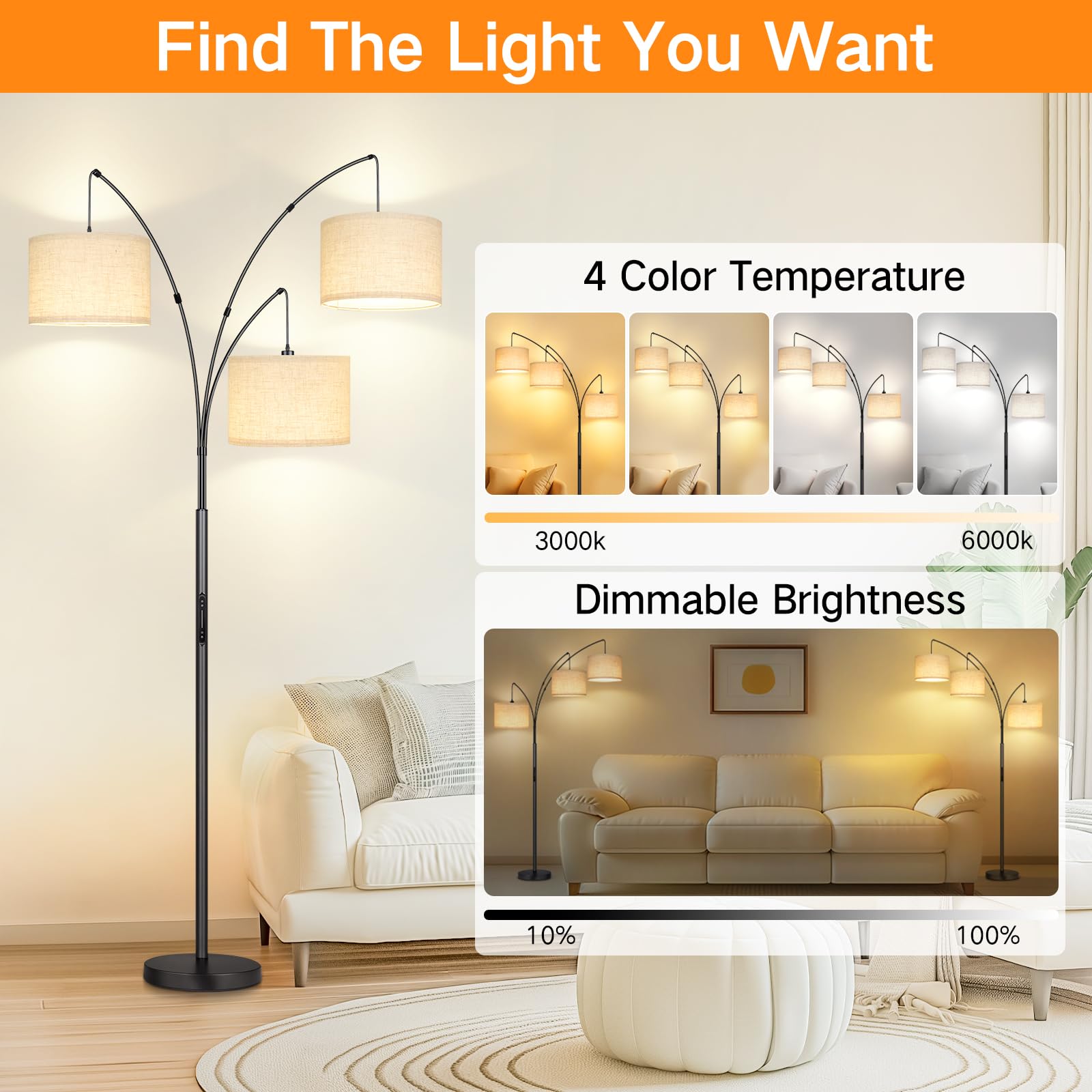 Arc Led Floor Lamp, Modern Black 3 Light Arched Tall Floor Lamp for Bedroom, 2400lm Mid Century Adjustable Standing Corner Lamps for Living Room Office, 3 LED Bulbs Included, Beige Lampshade