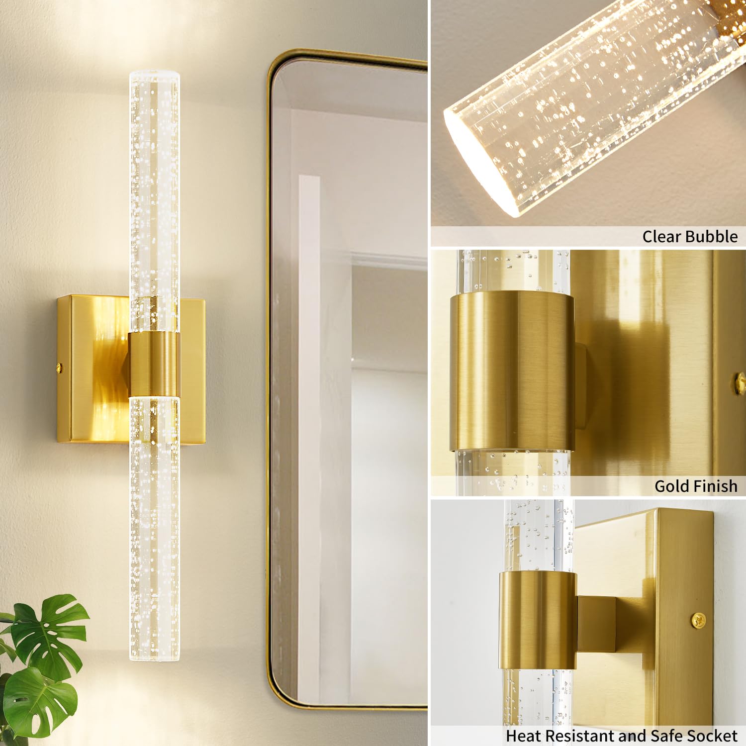 Gold Wall Sconce, Bathroom Light Fixtures in Clear Glass Indoor Wall Sconces, Modern Sconce Wall Lighting Up and Down Vanity Lights Fixtures for Bathroom,Living Room,Hallway, Kitchen