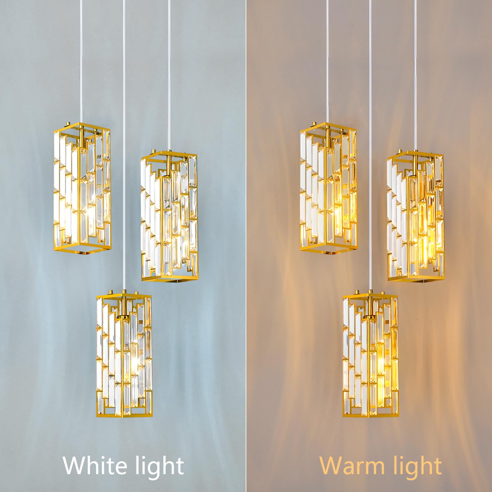 Gold Pendant Lighting Modern Pendant Light, Mini Crystal Chandeliers,Adjustable Pendant Light Fixture for Kitchen Island Dinning Room Bedroom (3 Pack)