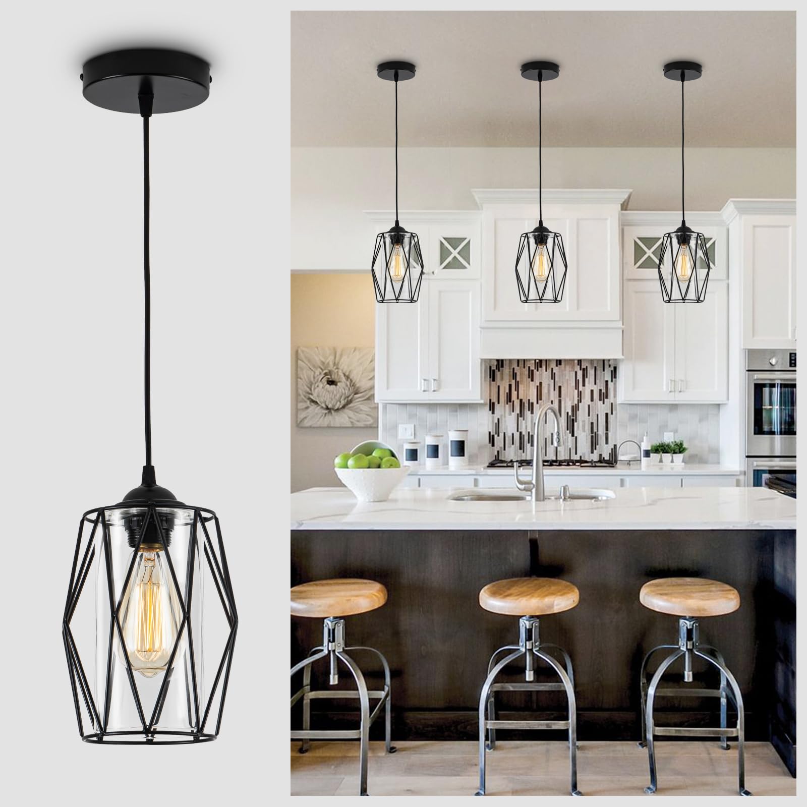 Industrial Black Pendant Light Fixture with Glass Retro Farmhouse Mini Glass Pendant Lighting with Cage Vintage Caged Glass Pendant Light for Kitchen Island, Dining Room, Bedroom, 1-Pack