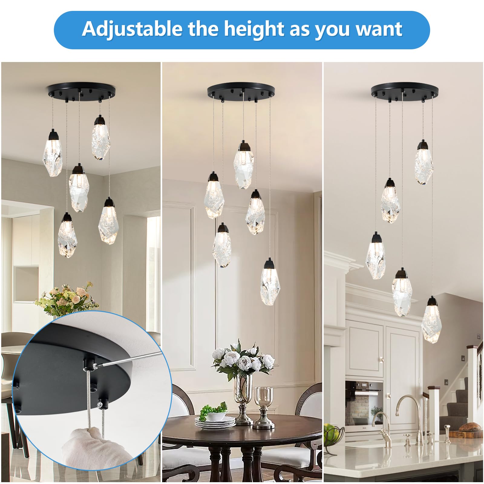 3 Lights Crystal Pendant Light Modern Cluster Chandelier - Dimmable LED Pendant Light Fixture with Brass Teardrop Design - Stylish Lighting for Kitchen Island, Dining Room, Hallway, Bathroom