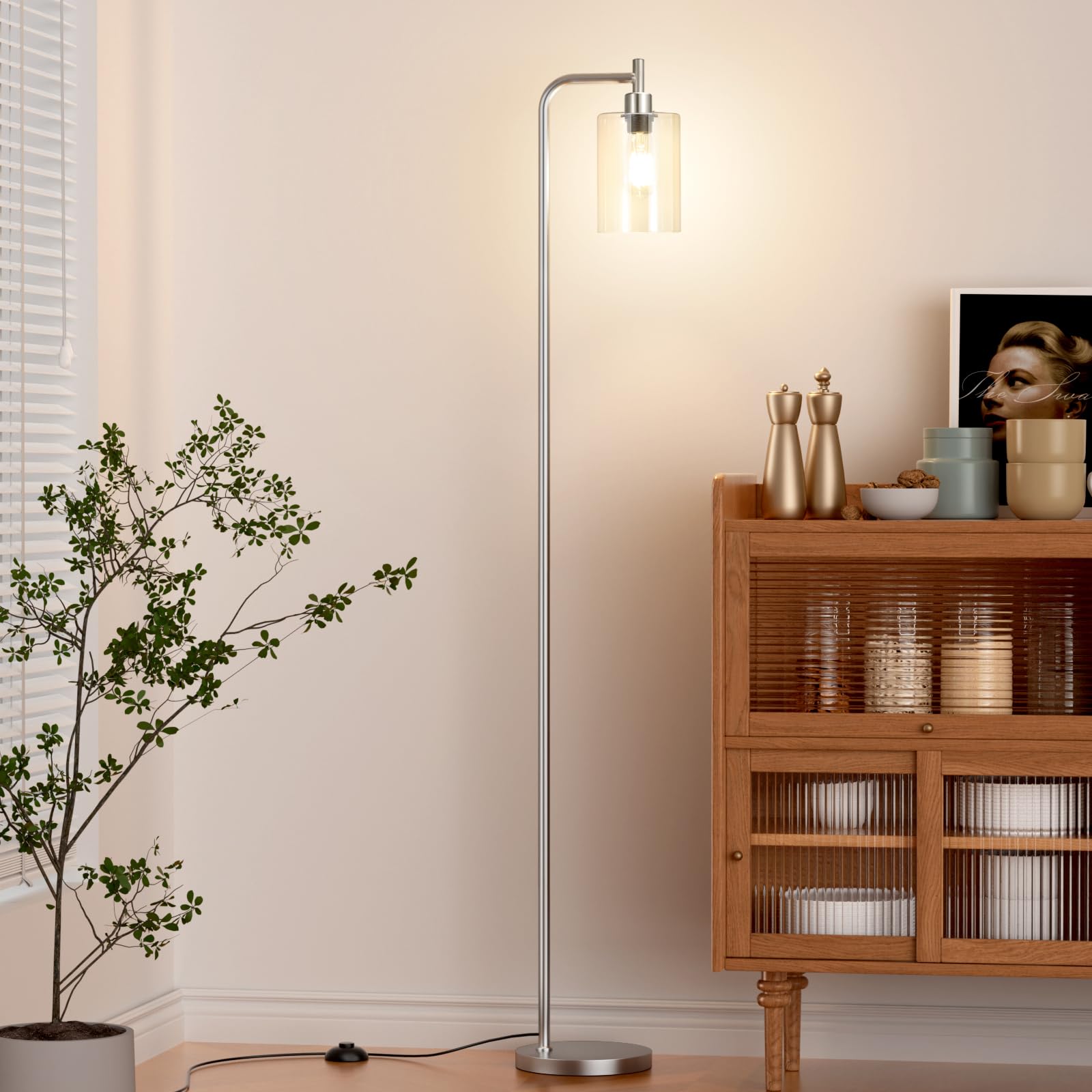 Industrial Floor Lamp with Glass Shade - Black, LED Bulbs, Foot Pedal Switch, Easy Assembly