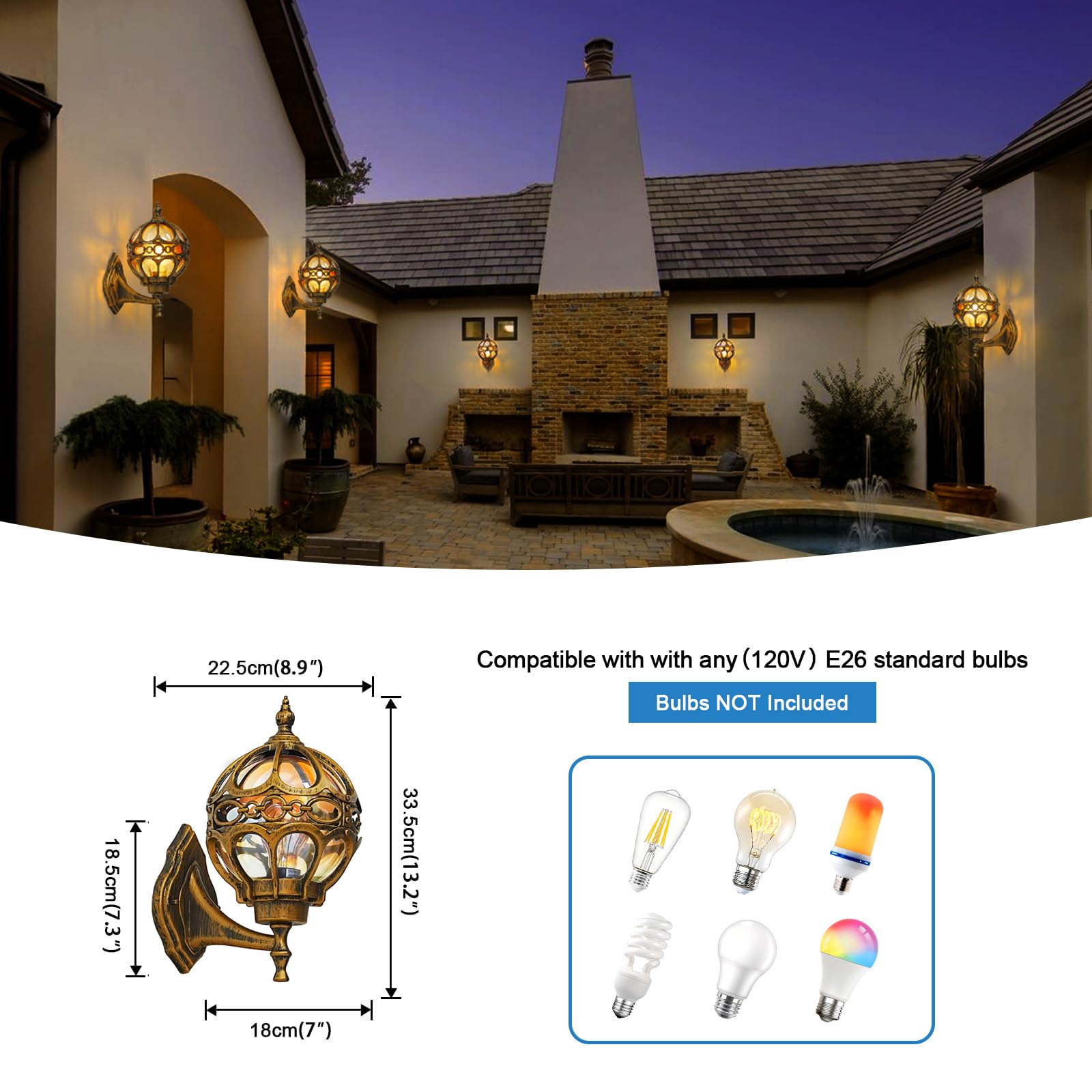 Gold Globe Outdoor Wall Light Fixtures for Garage Porch Patio House Garden Hallway Front Door, Sphere Anti-Rust Exterior Wall Sconces Lanterns, Aluminum 2 Pack Wall Mount Soccer Ball Lamp