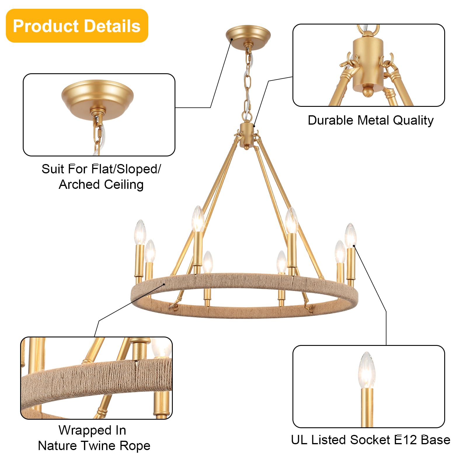 12-Lights Gold Wagon Wheel Chandelier 28" Large Gold Farmhouse Chandelier Vintage Circle Light Fixture for Dining Room Kitchen Island Height Ceiling Living Room