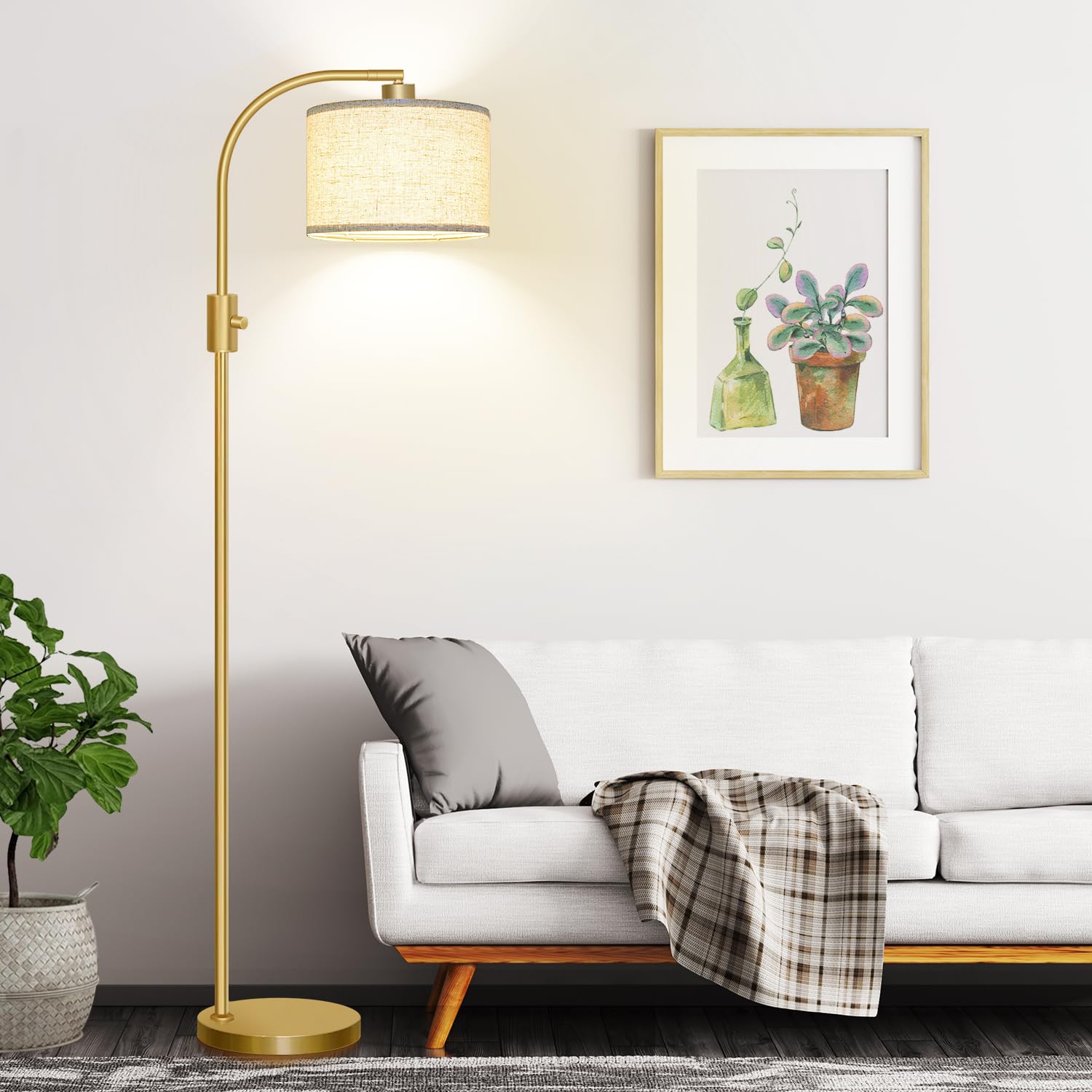 Dimmable Floor Lamp, 1200 Lumens LED Bulb Included, Gold Arc Floor Lamps for Living Room Modern Standing Lamp with Linen Shade, Tall Lamp for Living Room Bedroom Office Reading Room Nursery