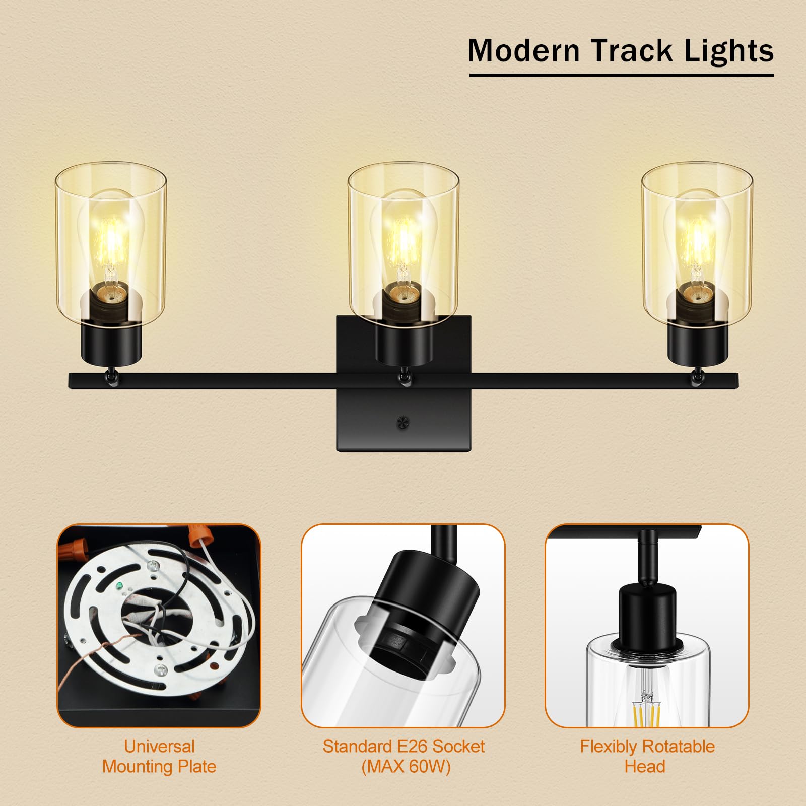 4-Light Track Lighting Fixtures with Clear Glass Shade, Modern Kitchen Lighting Fixtures Ceiling, Rotatable Track Head, Wall Mount Track Light for Bedside Vanity Hallway Bedroom, Matte Black