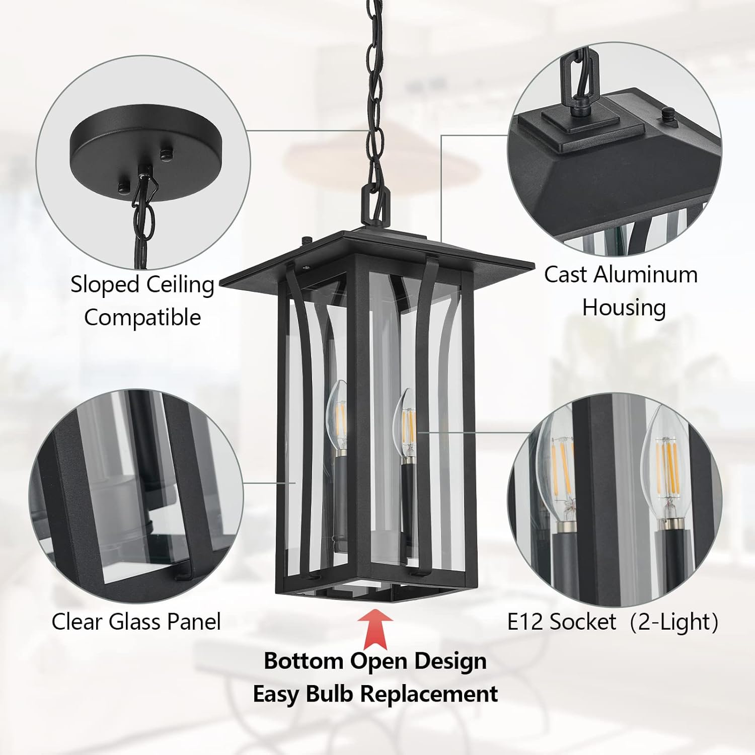 Outdoor Pendant Lights for Porch,Exterior Hanging Light Fixtures,Outdoor Lantern Pendant Light in Textured Black Finish w/Clear Glass Panel - 2451-1H