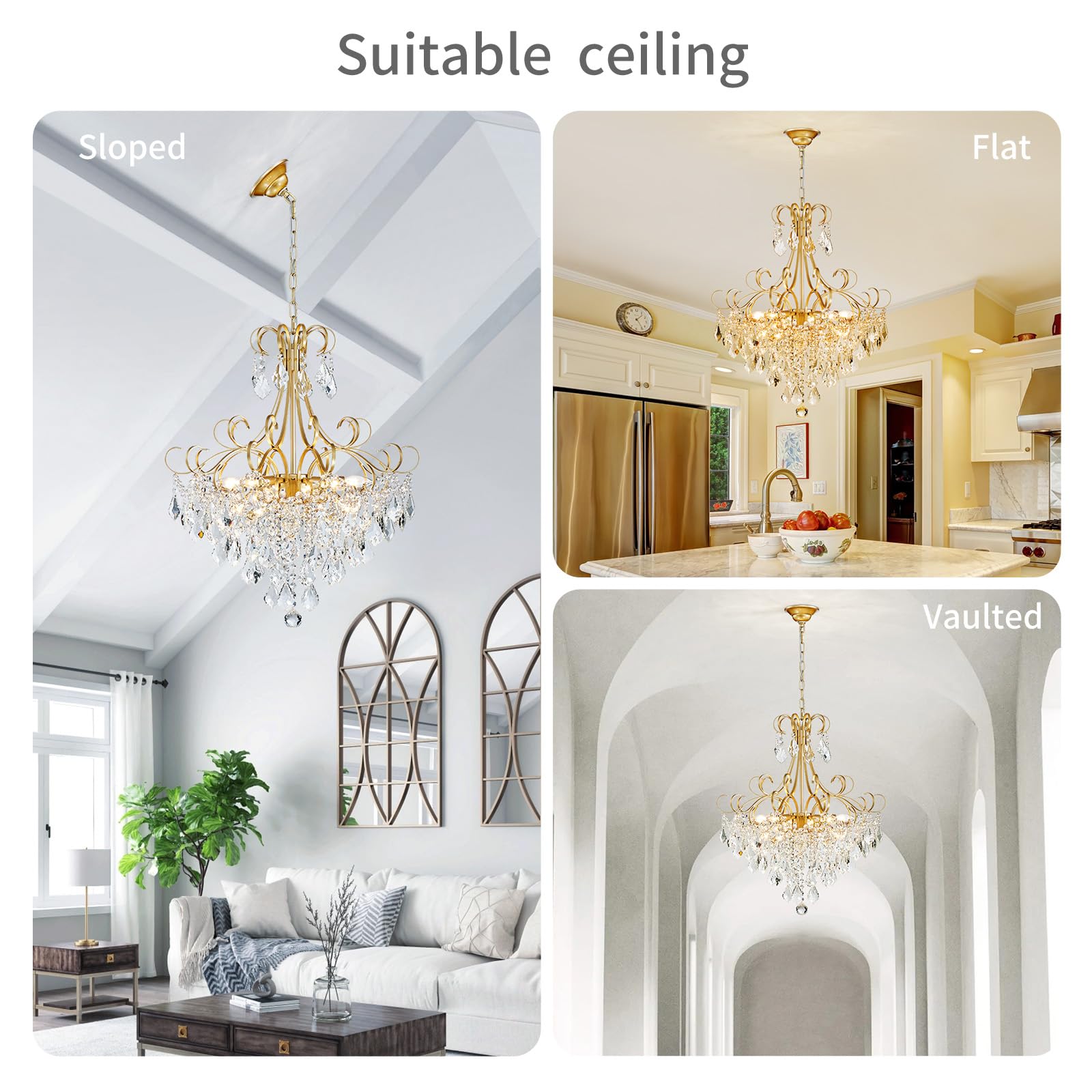 Crystal Chandelier Flushmount Ceiling Light Modern Lighting Fixture for Bedroom Hallway Bar Kitchen Bathroom, H 17.5'' x W 19.3'', E12 Base, Gold