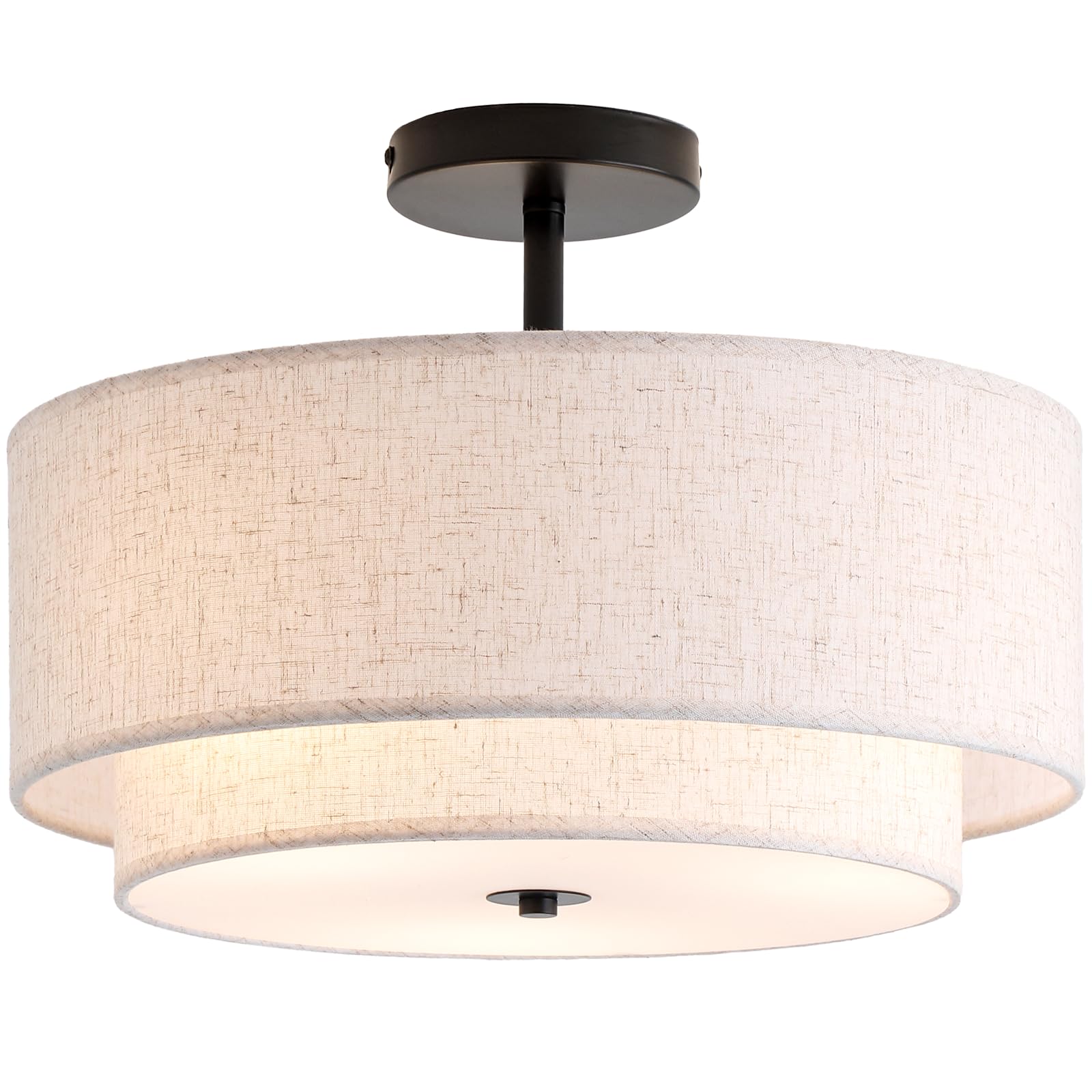 16" Double Drum 3-Light Semi Flush Mount Ceiling Light, Classic Fabric Linen Shade Design for Living Room, Bedroom, Kitchen, Dining Room, Hallway and Entryway