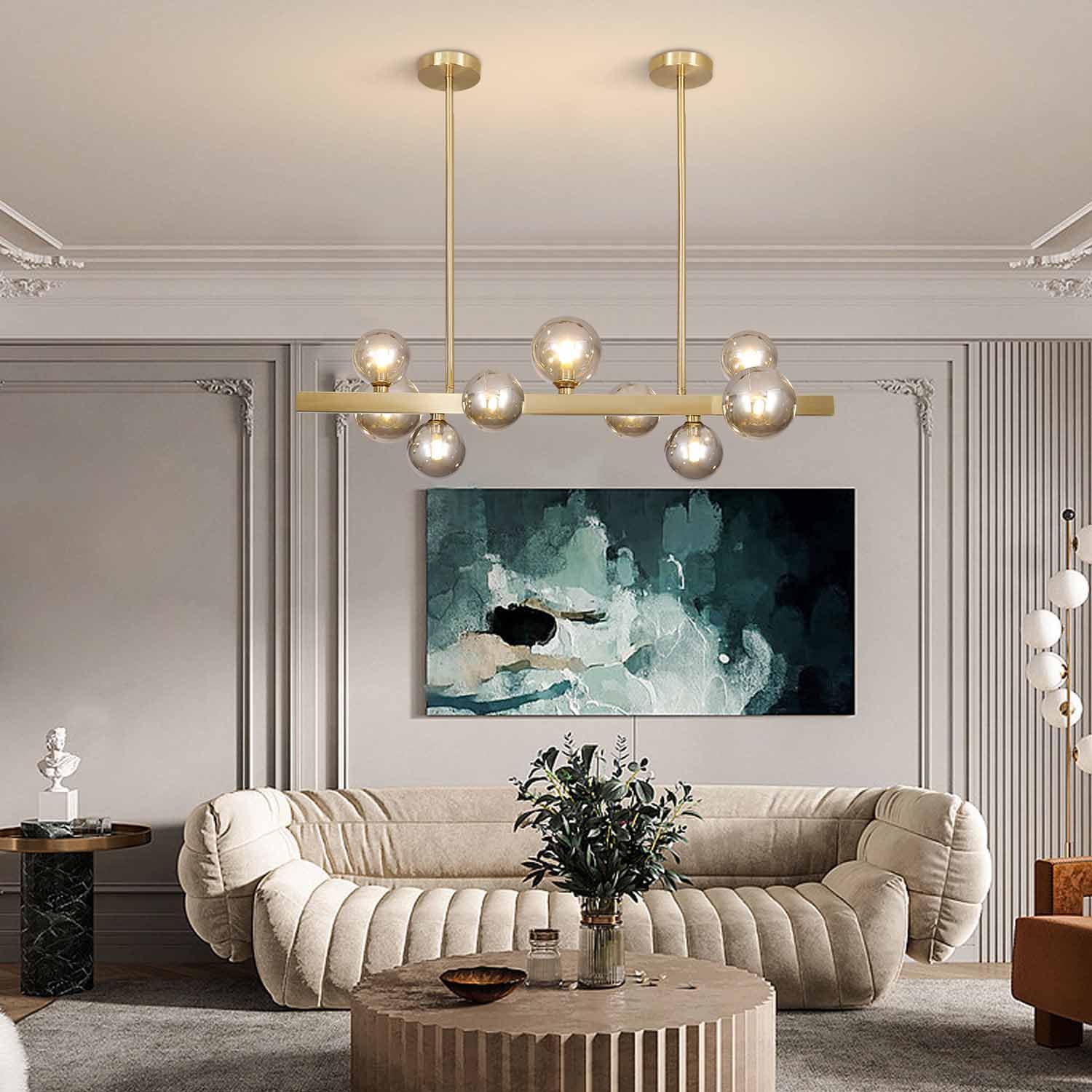 BOKT Modern Gold Chandelier 7-Lights Frosted Glass Globe Pendant Light Kitchen Island Linear Hanging Lighting Fixtures for Living Room Bedroom Dining Room Corridor