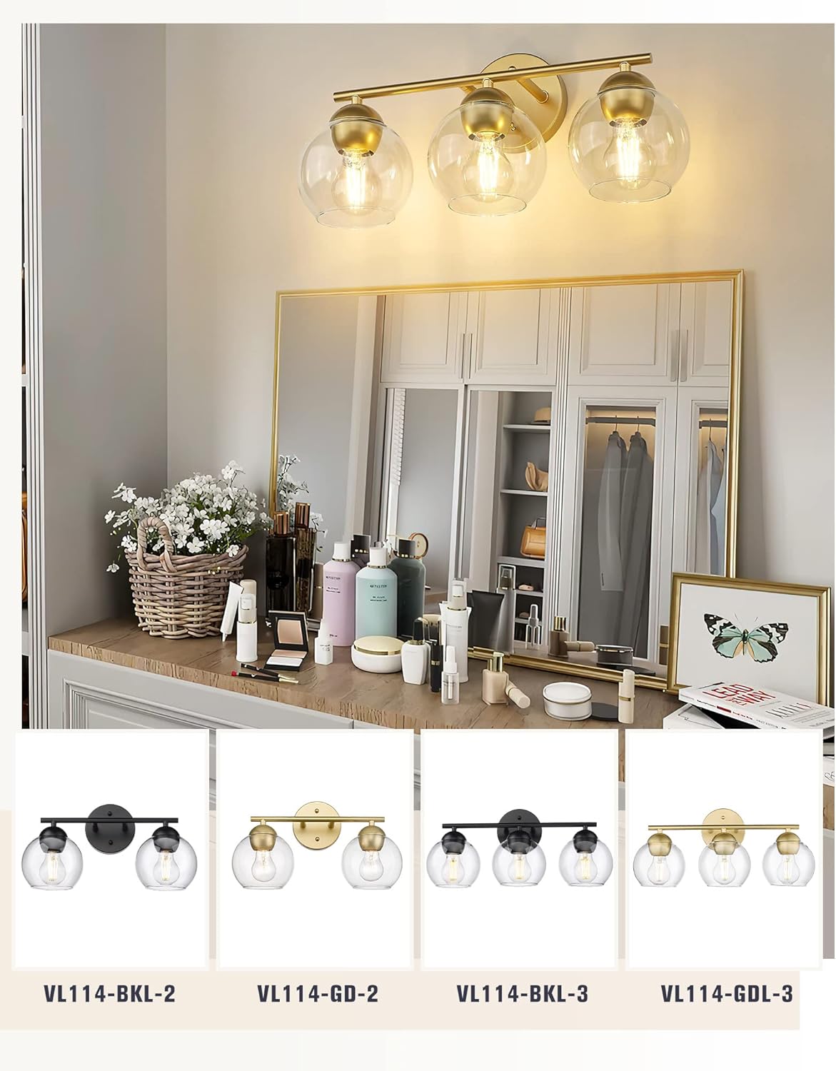 Black Vanity Lights for Mirror, Modern Farmhouse 2-Light Bathroom Light Fixtures Globe Bathroom Vanity Light with Milk Glass Shade, VL114-BK-ML-2