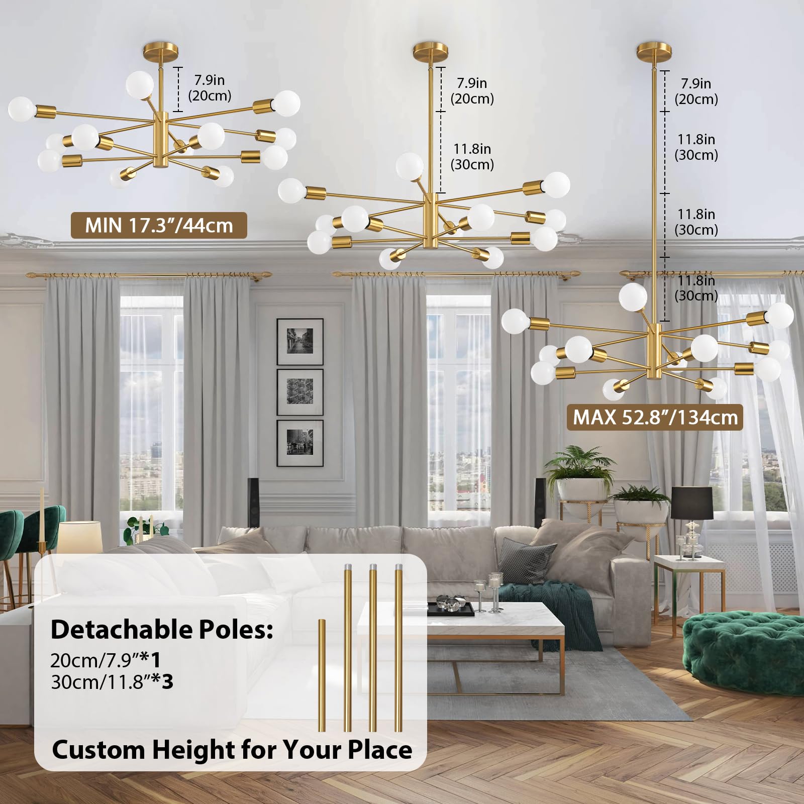 Sputnik Chandelier Modern Gold Chandelier 6-Light E26 Mid Century Ceiling Light Fixture Height Adjustable Hanging Pendant Lighting for Dining Room Kitchen Island Bedroom Office