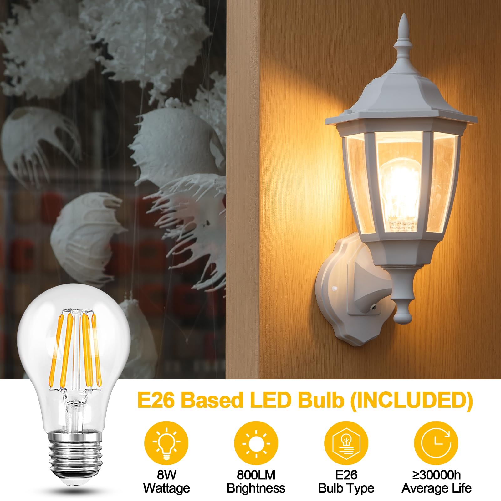 Outdoor Wall Light Dusk to Dawn, Porch Sensor Light White Plastic Anti-Corrosion with LED Edison Filament Bulb, Exterior Mount Lantern for House, Garage (1-Pack), FDS2542PS-W