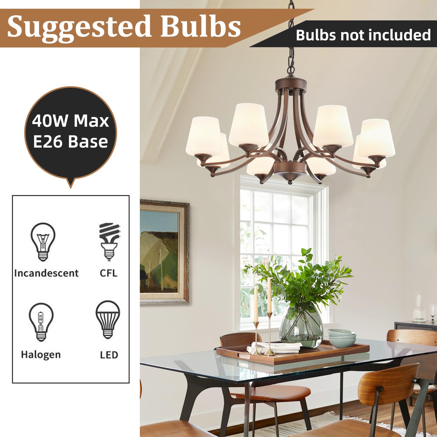 8-Light Large Rustic Chandeliers with Frosted Milky White Glass, Classic 30”Pendant Ceiling Light, Oil Rubbed Bronze Durable Metal Hanging Fixture for Dining Room, Living Room, Kitchen, Farmhouse