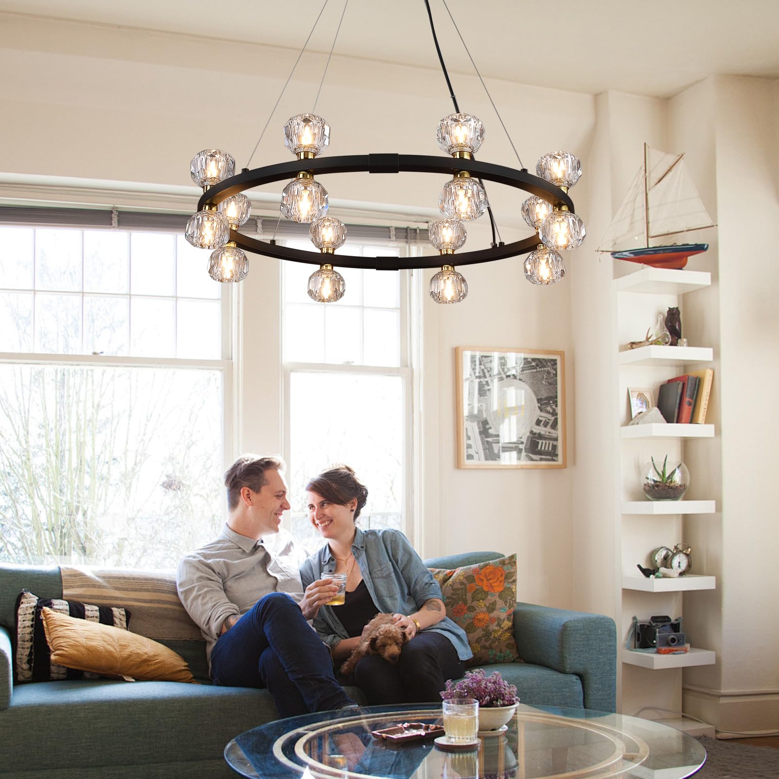 Black Modern Crystal Chandeliers,Farmhouse Rectangle 16-Light Dining Room Light Fixtures for Kitchen Island Bar Living Room UL Listed 𝐋𝟑𝟓.𝟓"