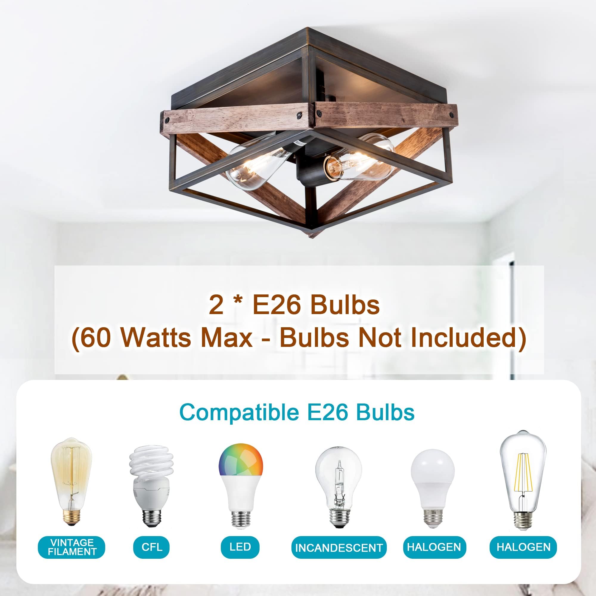 2-Light Farmhouse Flush Mount Ceiling Light, Rustic Ceiling Light, Metal and Wood Square Dining Room Light Fixture for Hallway Farmhouse Entryway Balcony Kitchen