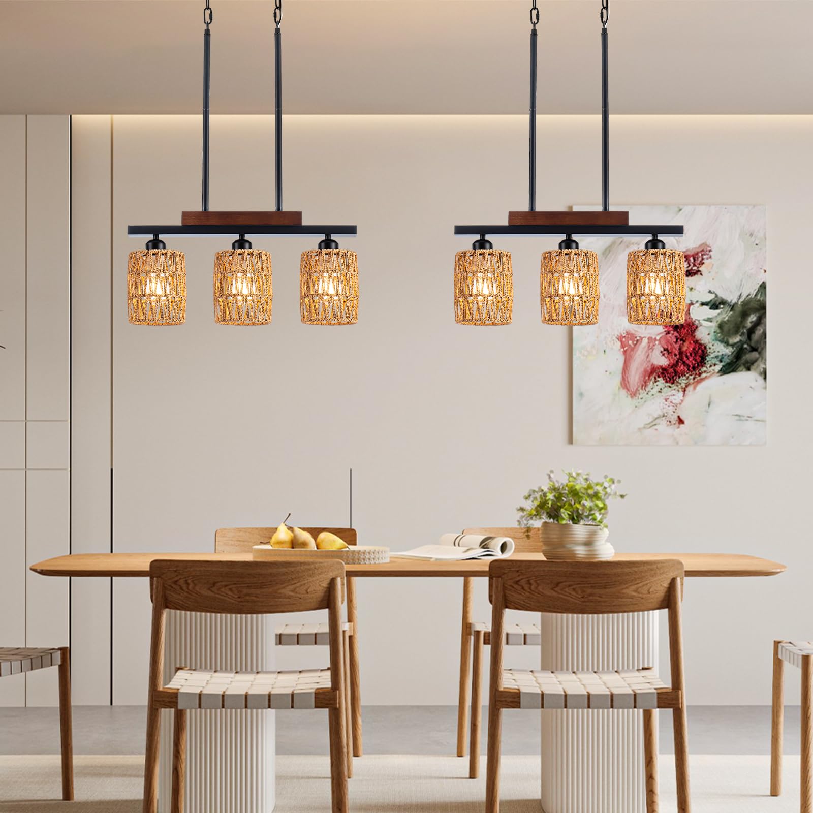 Rattan Kitchen Island Light Fixture, 5 Lights Boho Rectangle Pendant Lights for Dining Room, Farmhouse Chandeliers Over Table, Modern Ceiling Hanging Kitchen Light Fixtures, Height Adjustable