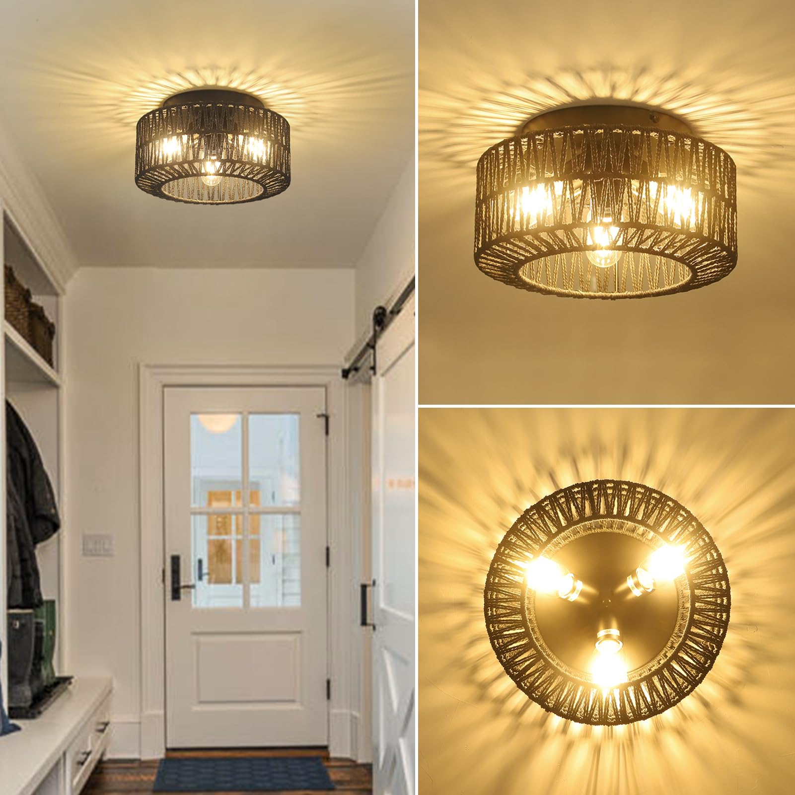 Boho Light Fixtures Ceiling Mount, 3-Light Farmhouse Rattan Ceiling Light Fixture, Flush Mount Ceiling Light with Hand-Woven Shade, Modern Chandelier for Living Bedroom Entryway Kitchen Nursery