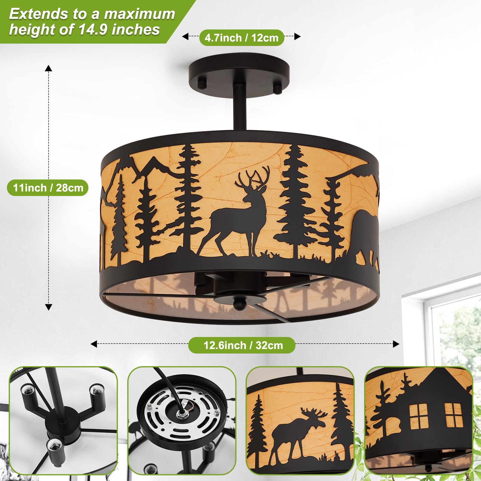 Rustic Semi-Flush Mount Ceiling Light Fixture,3-Light E12 Base Black Round Farmhouse Metal Light Fixtures for Kitchen, Hallway, Living Room, Industrial Style with Deer, Bear, Tree Design -Frame