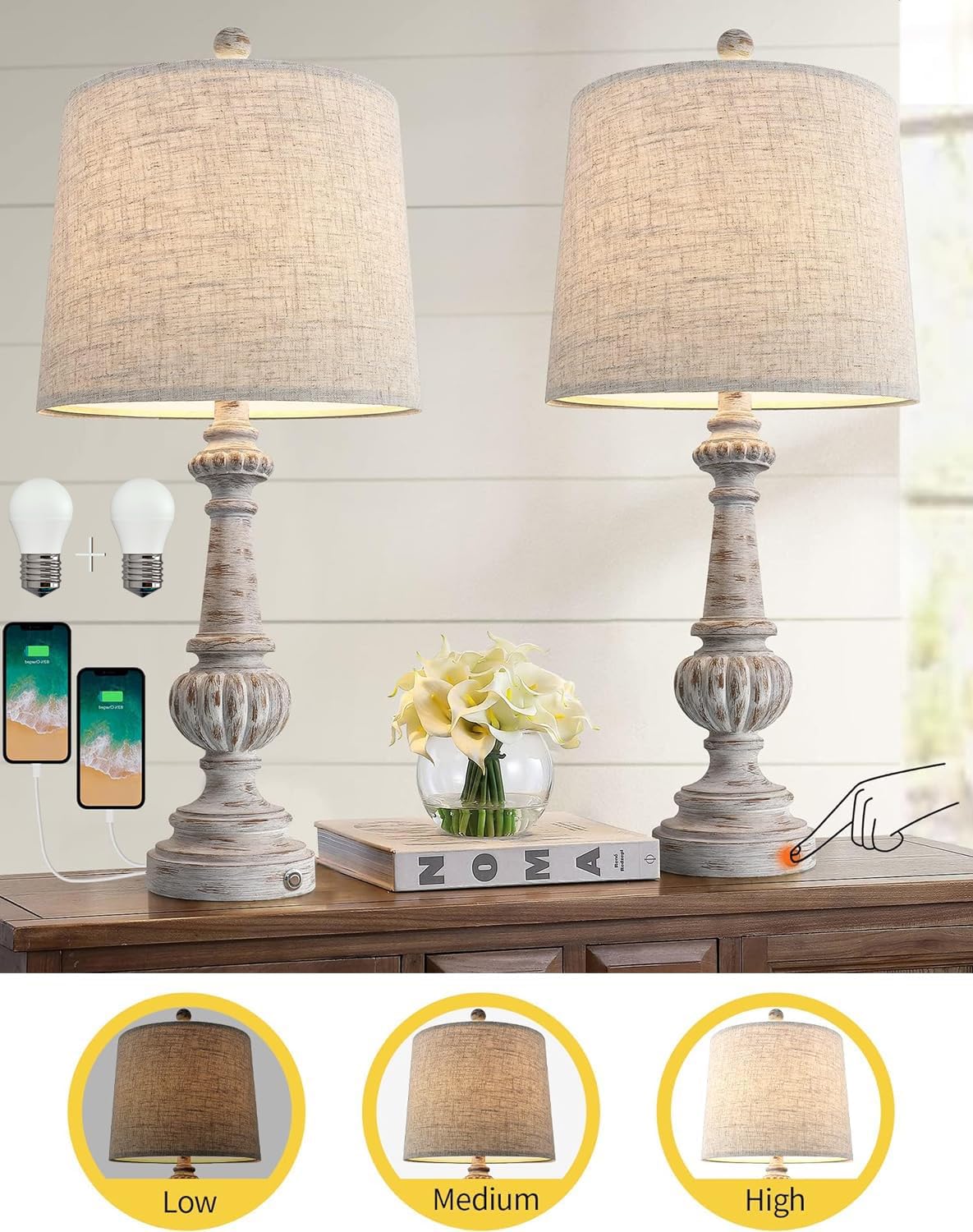 24.5" Mid Century Single Table Lamp for Living Room Farmhouse Linen Bedside Lamps for Bedroom Kids Room Dorm Office Rustic Lamps for End Table Nigntstand Resin