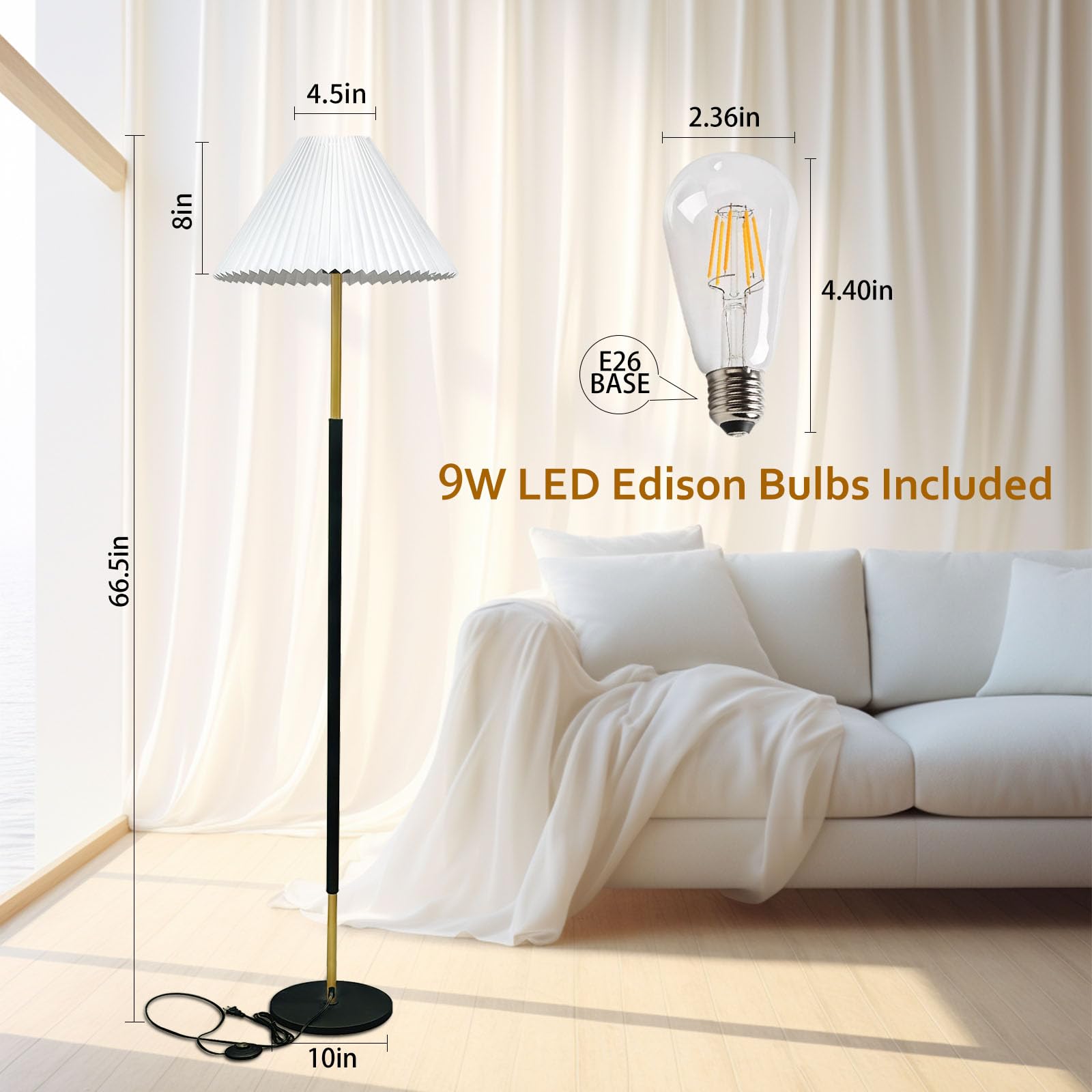 66''Floor Lamp,9W LED Edison Bulbs Included Nordic Design Standing Lamp with Foot Switch with Pleated Shade, Tall Floor Lamp Reading for Living Room Bedroom Office Classroom Dorm Room