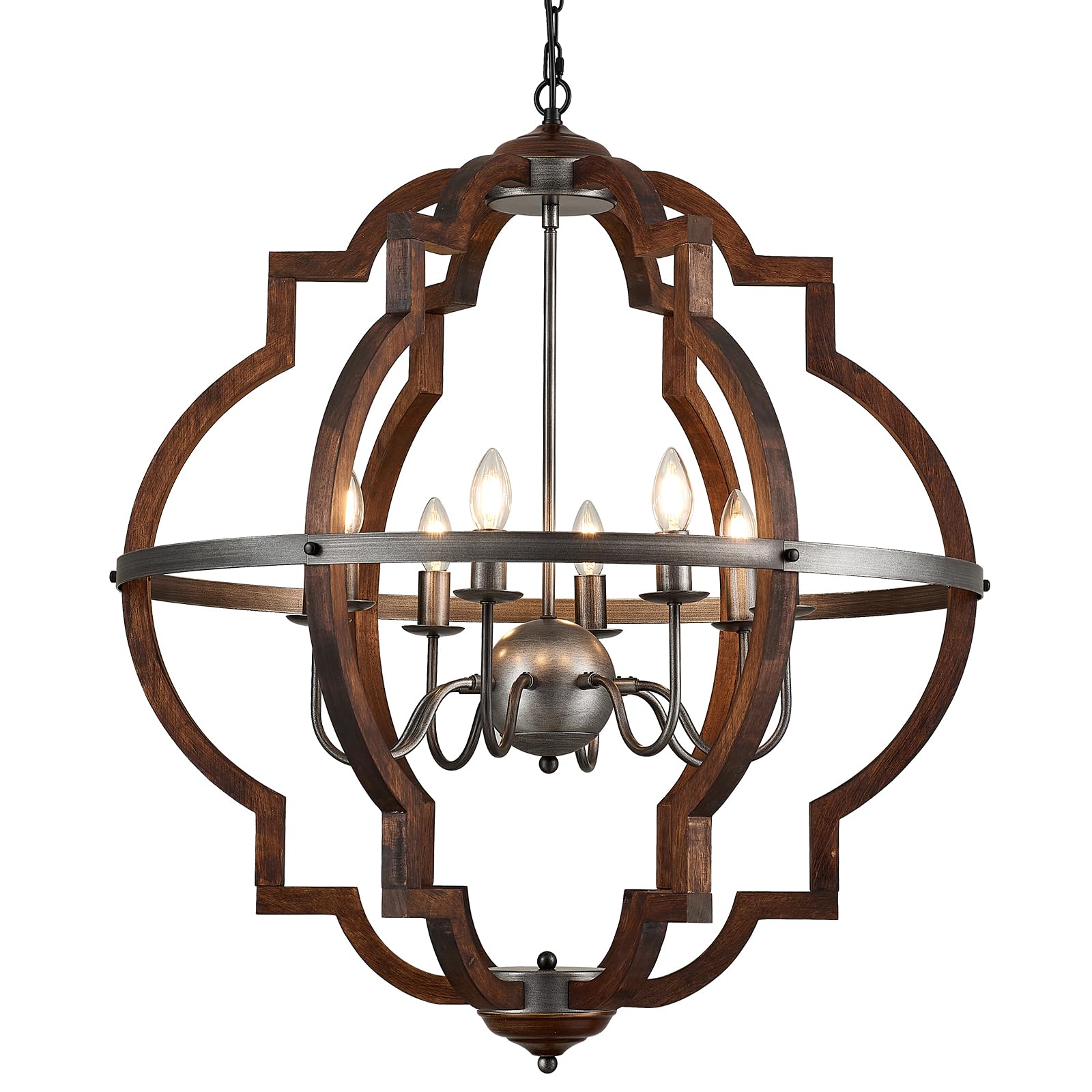 Wood Chandelier Light Fixture Antique Farmhouse 23.6" Caged Candle Style Ord Chandelier Industrial Rustic 6-Lights Wooden Chandelier for Dining Room, Kitchen, Living Room, Bedroom, E12