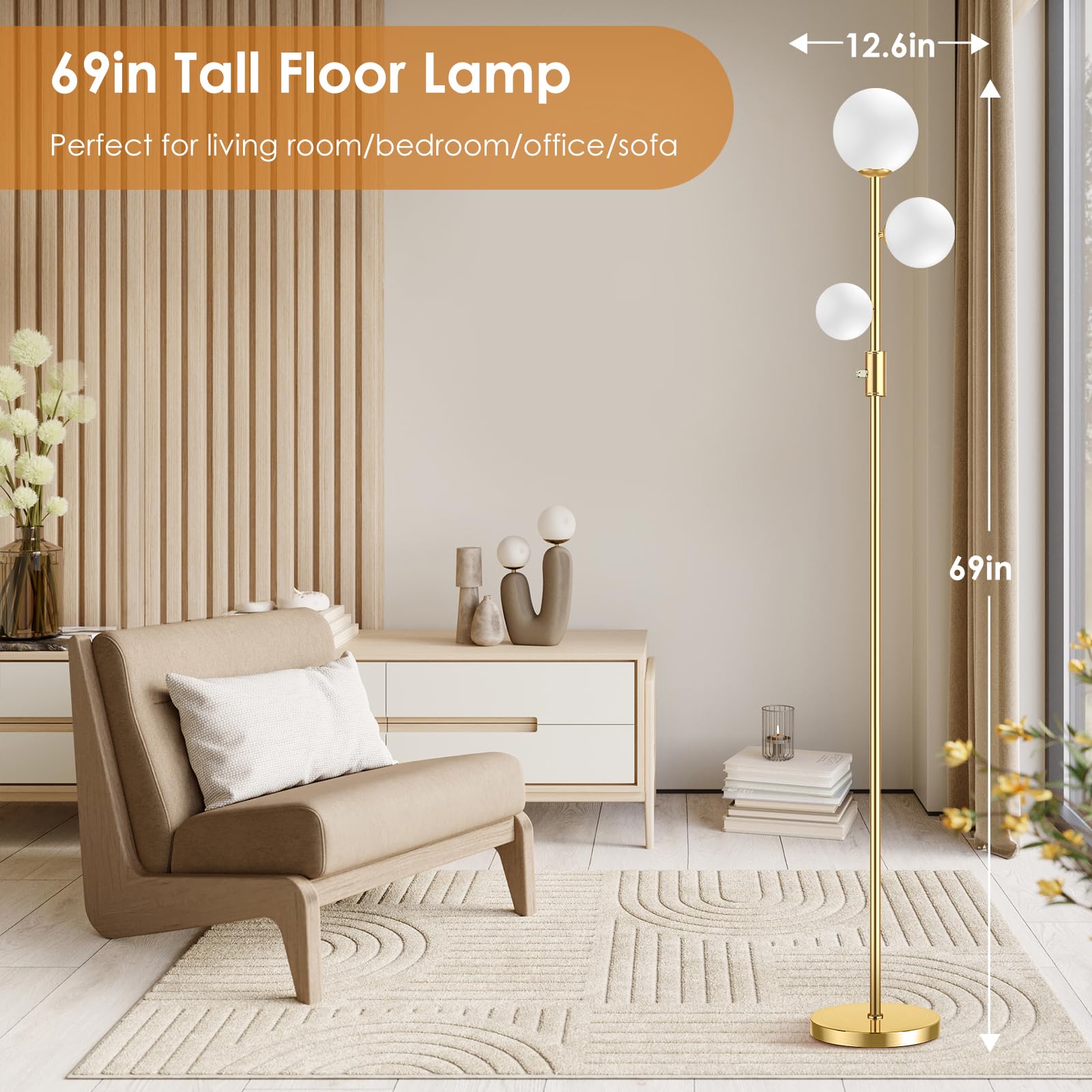 69" 3-Globe Mid Century Floor Lamp for Living Room, Modern Dimmable Tall Standing Lamp with Frosted Glass Shades, Contemporary Gold Pole Lamp for Bedroom Office, 3 LED Bulbs Included