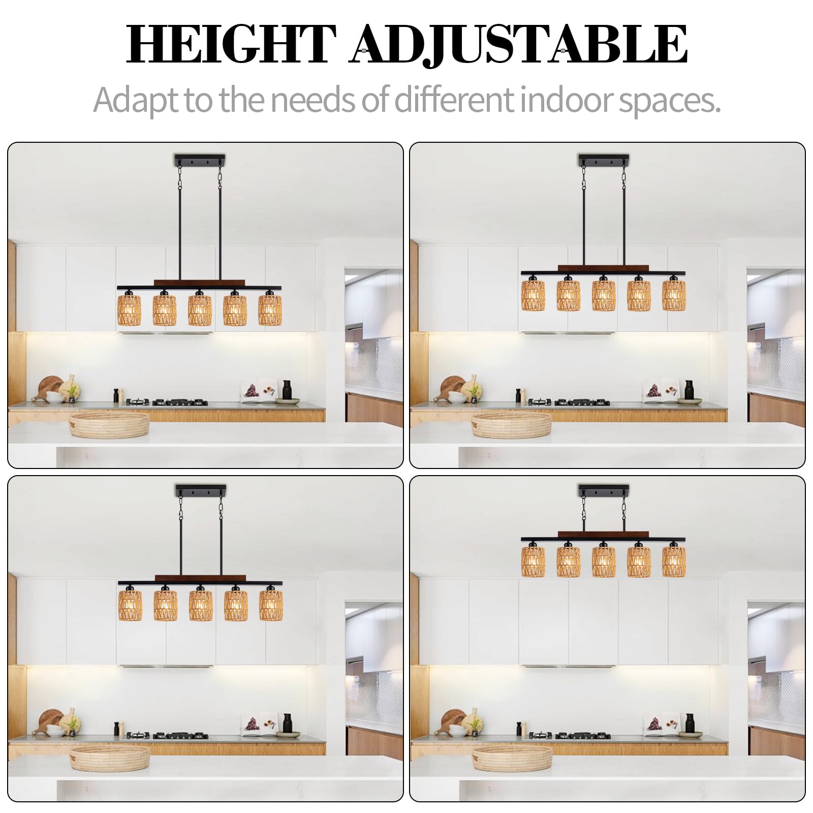 Rattan Kitchen Island Light Fixture, 5 Lights Boho Rectangle Pendant Lights for Dining Room, Farmhouse Chandeliers Over Table, Modern Ceiling Hanging Kitchen Light Fixtures, Height Adjustable