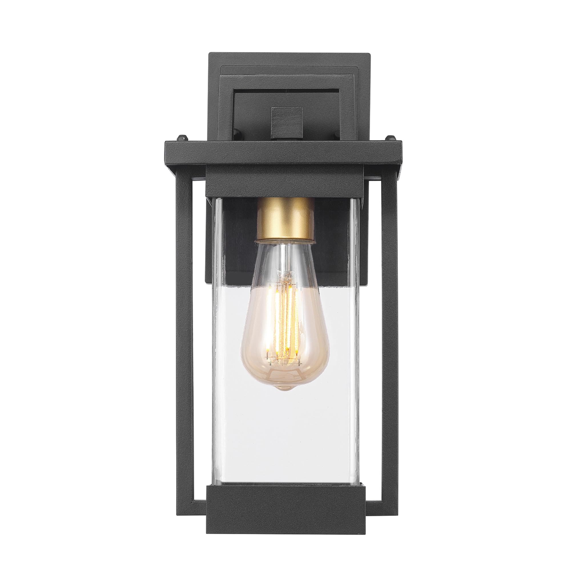 1-Light Outdoor Wall Sconce, Matte Black, Brass Accent, Clear Seeded Glass Shade, Outdoor Lighting Modern, Front Porch Décor, Outdoor Light Fixture, E26 Bulb, Patio Decor