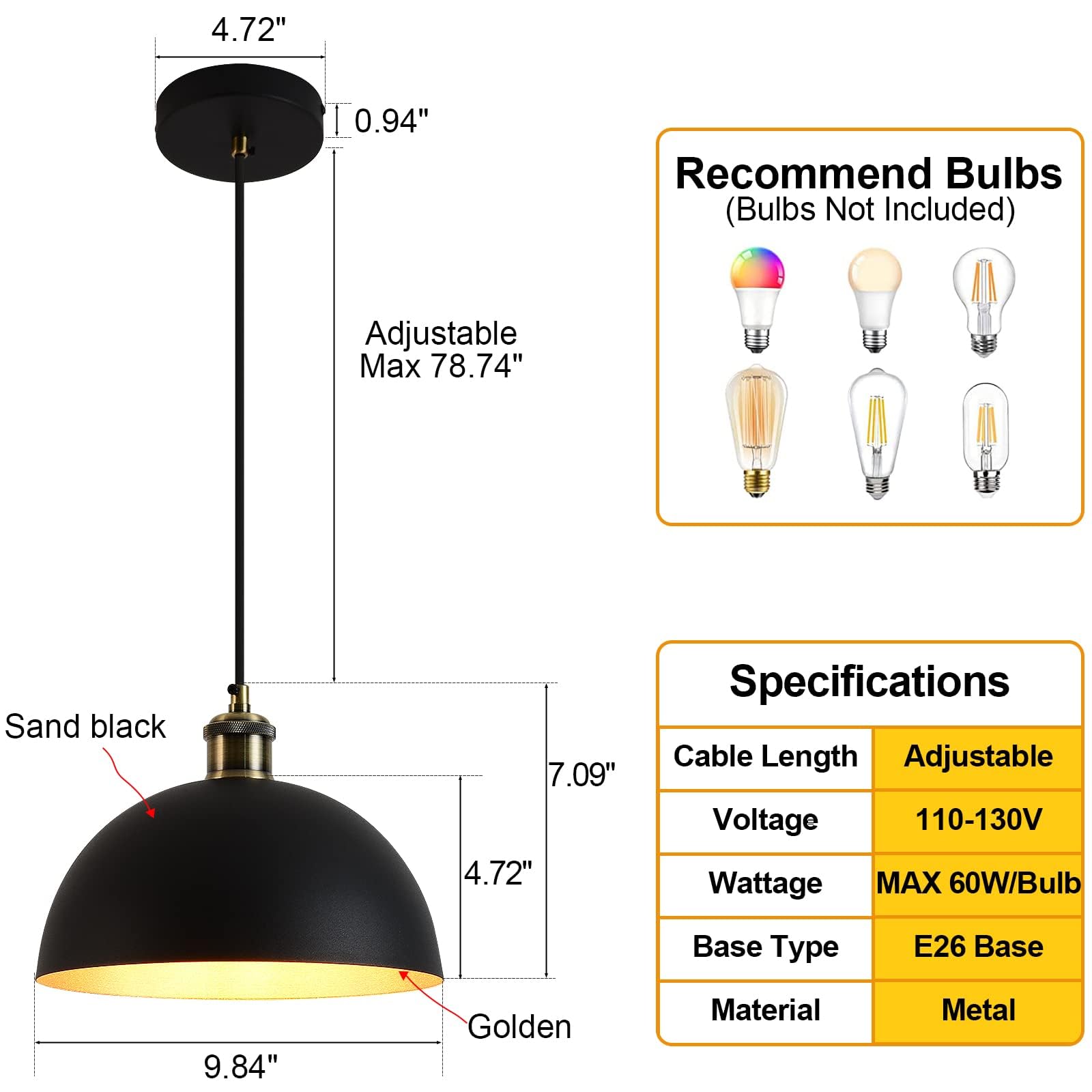 Modern Pendant Light,Farmhouse pendant light 17.72 "Farmhouse pendant light Industrial Large Dome Chandelier White and gold finish lighting fixture line length 78.74" Kitchen island, bedroom