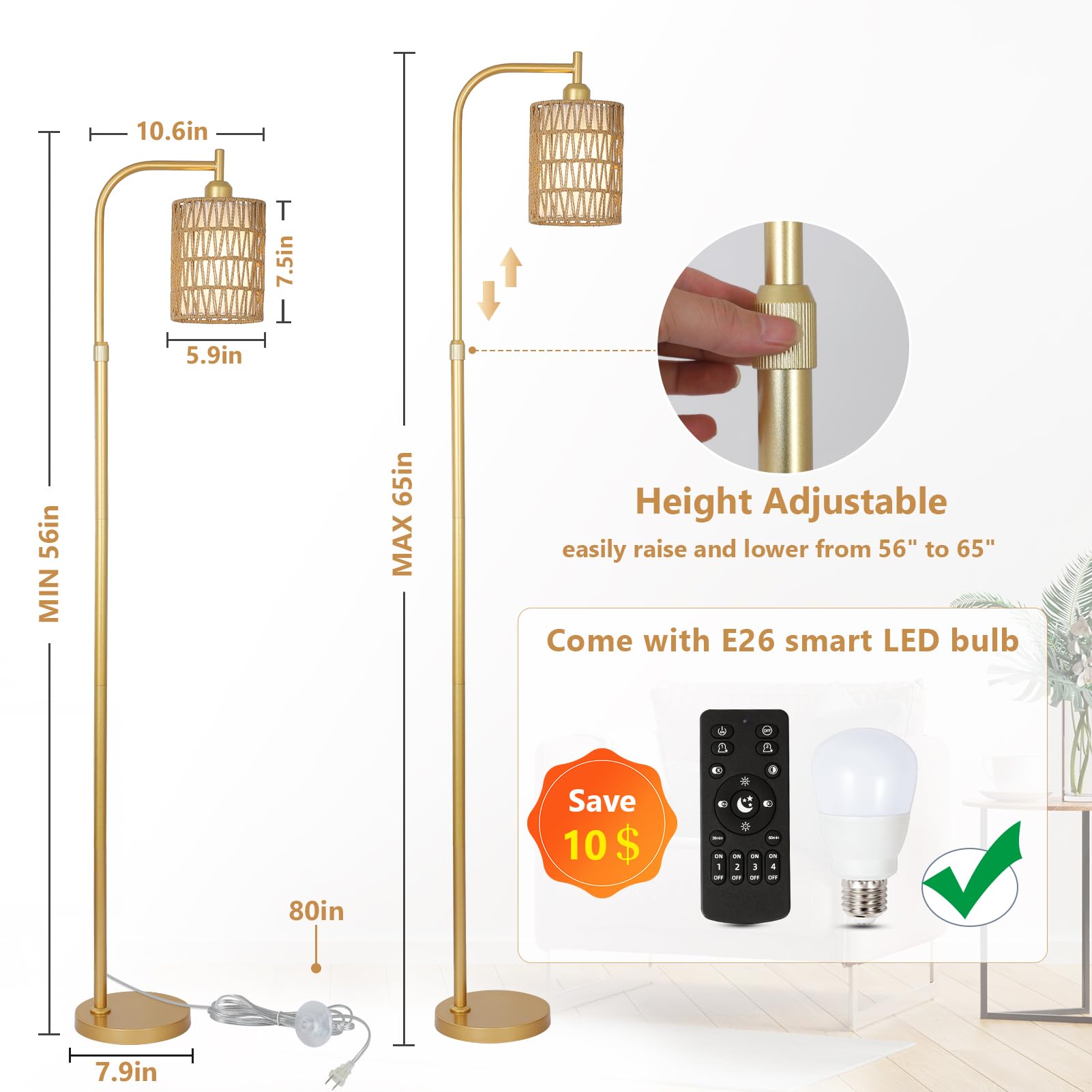 Modern Gold Floor Lamps for Living Room, Boho Rattan Floor Lamp with Remote & Dimmable LED Bulb, Farmhouse Standing Lamp with Rattan Shades, Minimalist Tall Pole Lamp for Bedroom Office