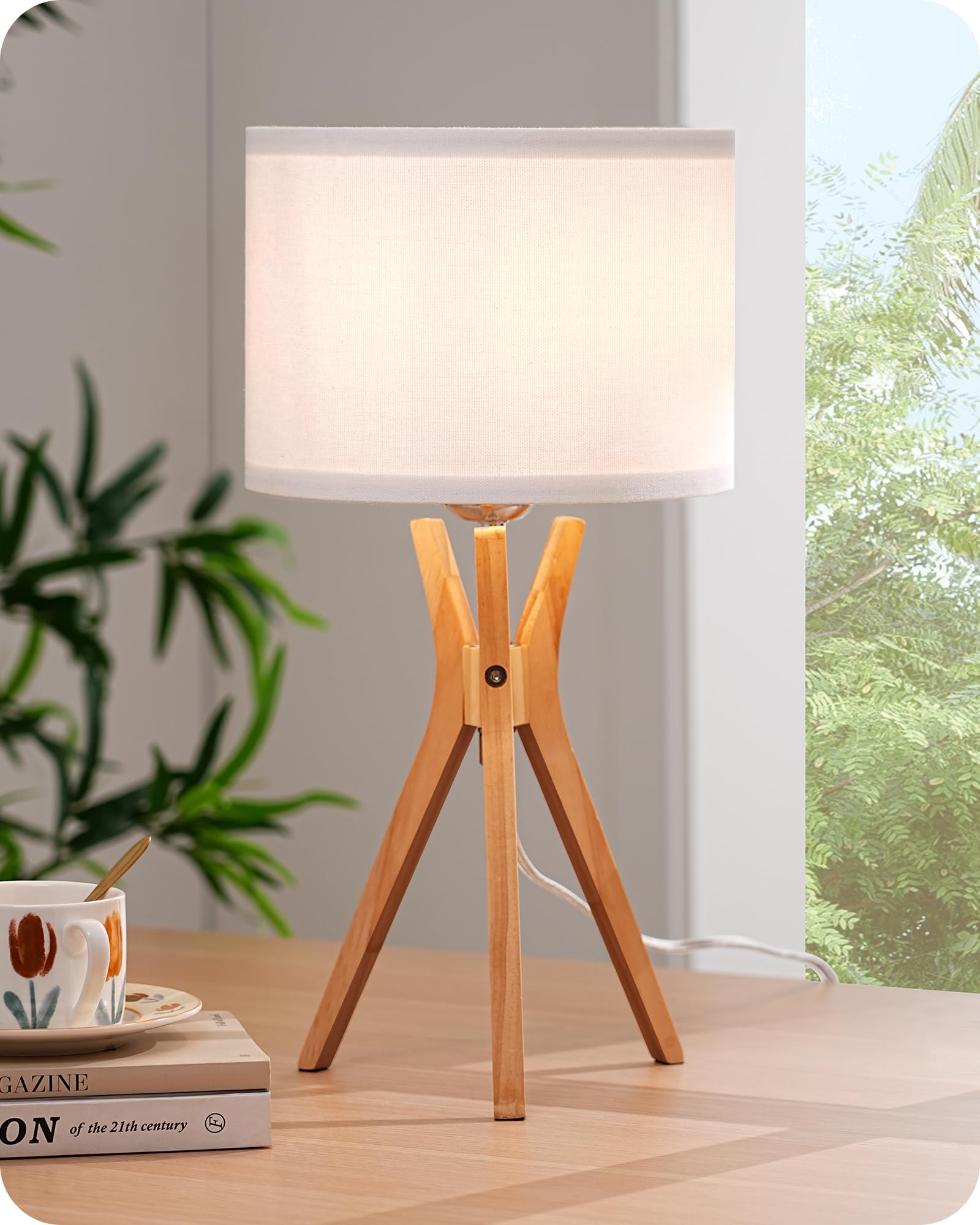 Mid Century Table Lamp, 17.5" Tripod Bedside Lamp with Deep Wood Color Light Base & Beige Linen Lampshade, Nightstand Lamp for Bedroom, Living Room, Reading Room, E26 Base