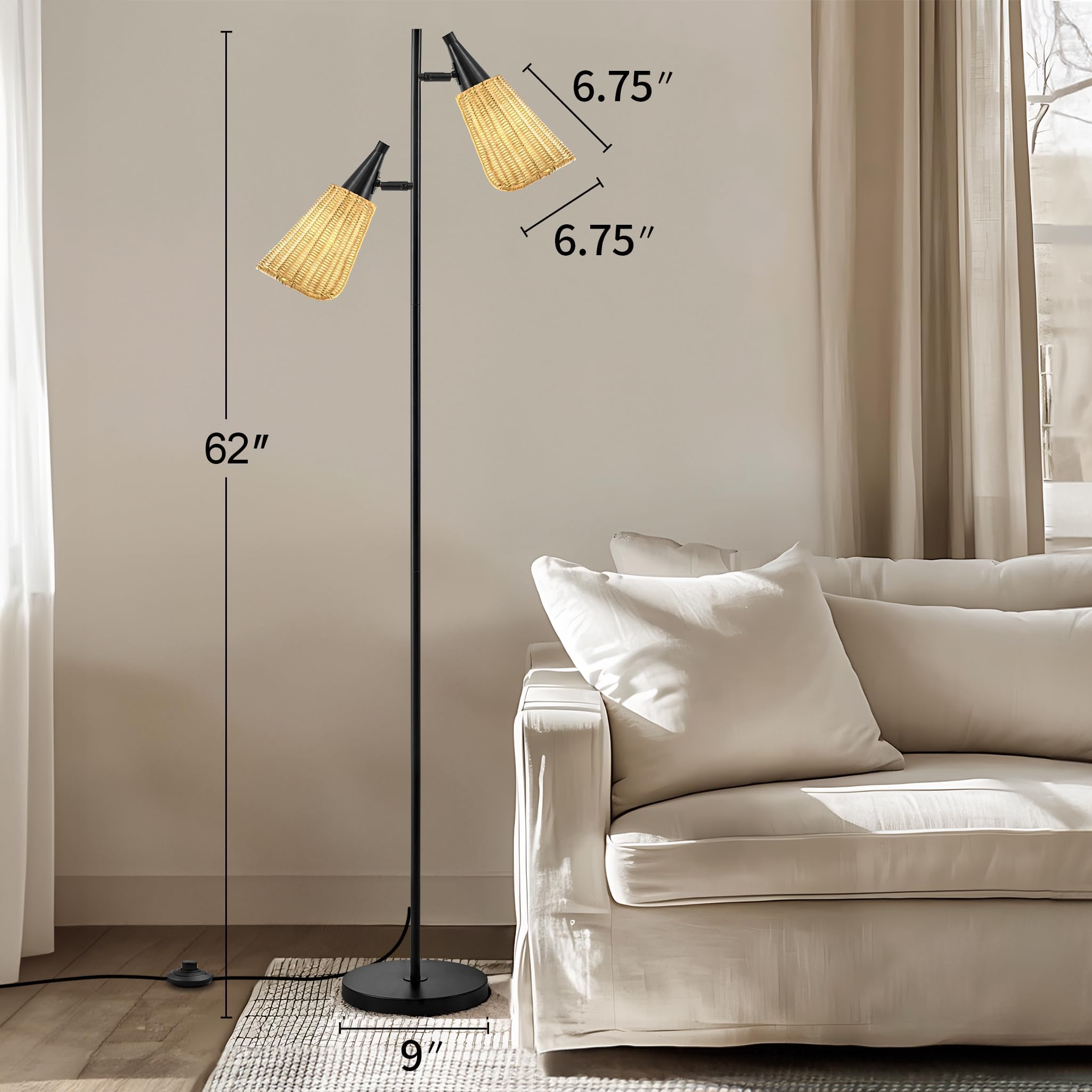 61" Modern Gold Floor Tree Lamp with 2 Light Source Standing Tall Pole Lamps with Foot Switch for Living Rooms, Bedrooms, Home, Office