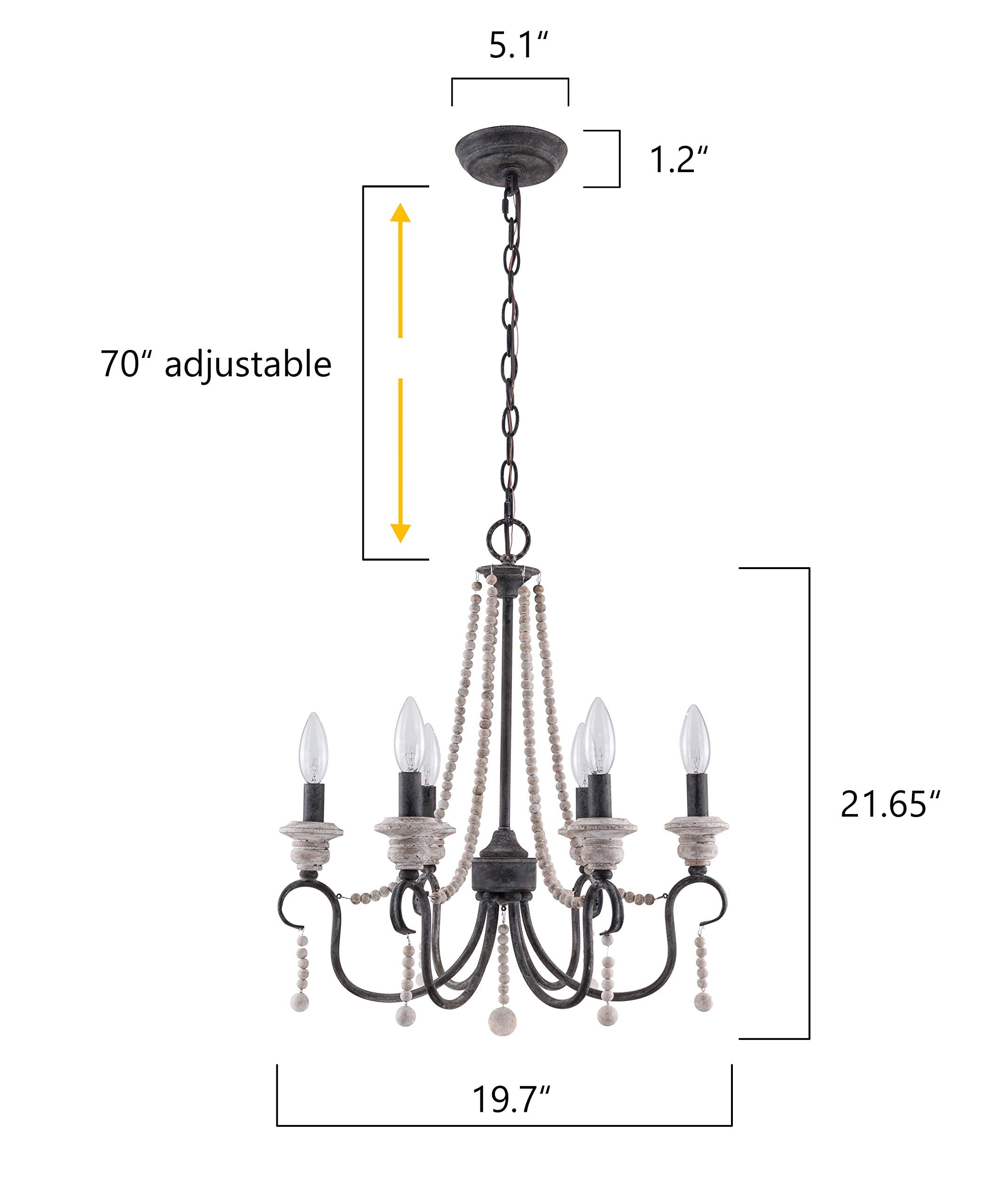 Wooden Beaded Chandelier with 6 Candle Light, Farmhouse Wood Chandelier Pendant Ceiling Light (Rustic)