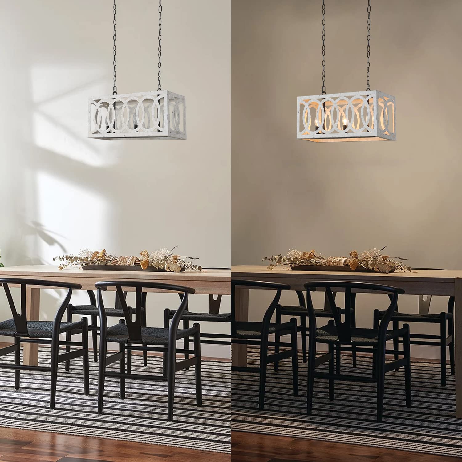 Kitchen Island Light Fixtures Dining Room Distressed White Rectangular Modern Farmhouse Chandelier, 3-Light Metal Rustic French Country Pendant Lighting Ceiling Light Hanging Lamp, No Wood