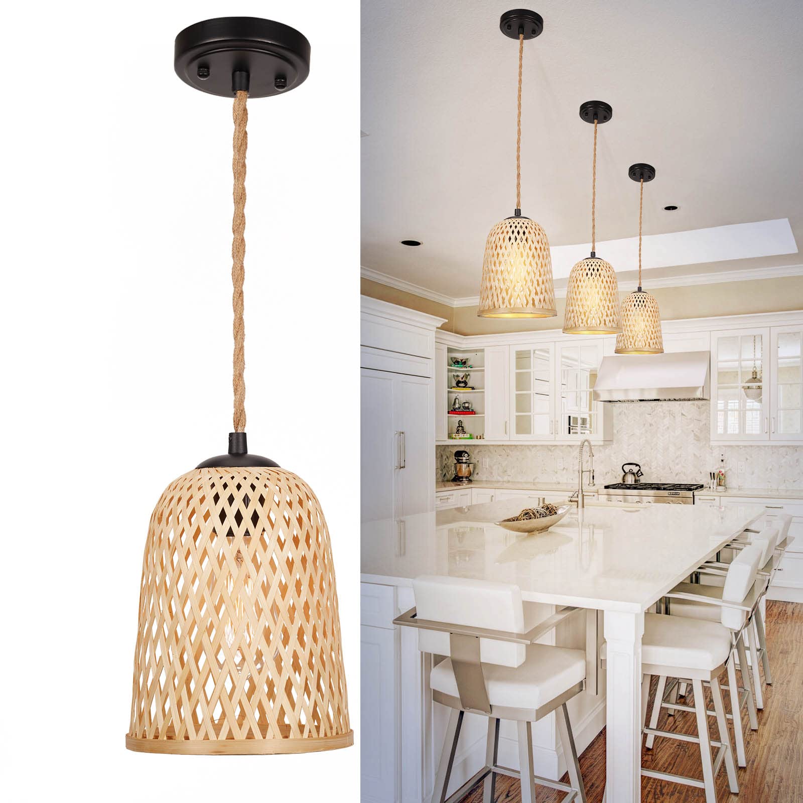 Rustic Farmhouse Bamboo Pendant Light - 18 Inch Large Dome Handwoven Ceiling Mounted Bamboo Chandelier Shades, Coastal Beach Hanging Rattan Light Fixture for Kitchen, Dining, Living Room