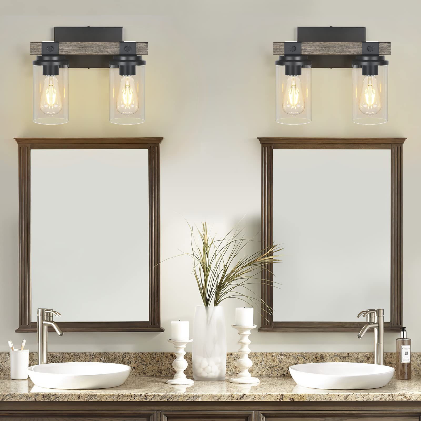 Farmhouse Bathroom Light Fixture Wood Black Vanity Lighting 2-Light Wooden Wall Sconce Industrial Rustic Wall Light Fixtures Over Mirror with Clear Glass Shade for Bathroom Hallway Kitchen Bedroom