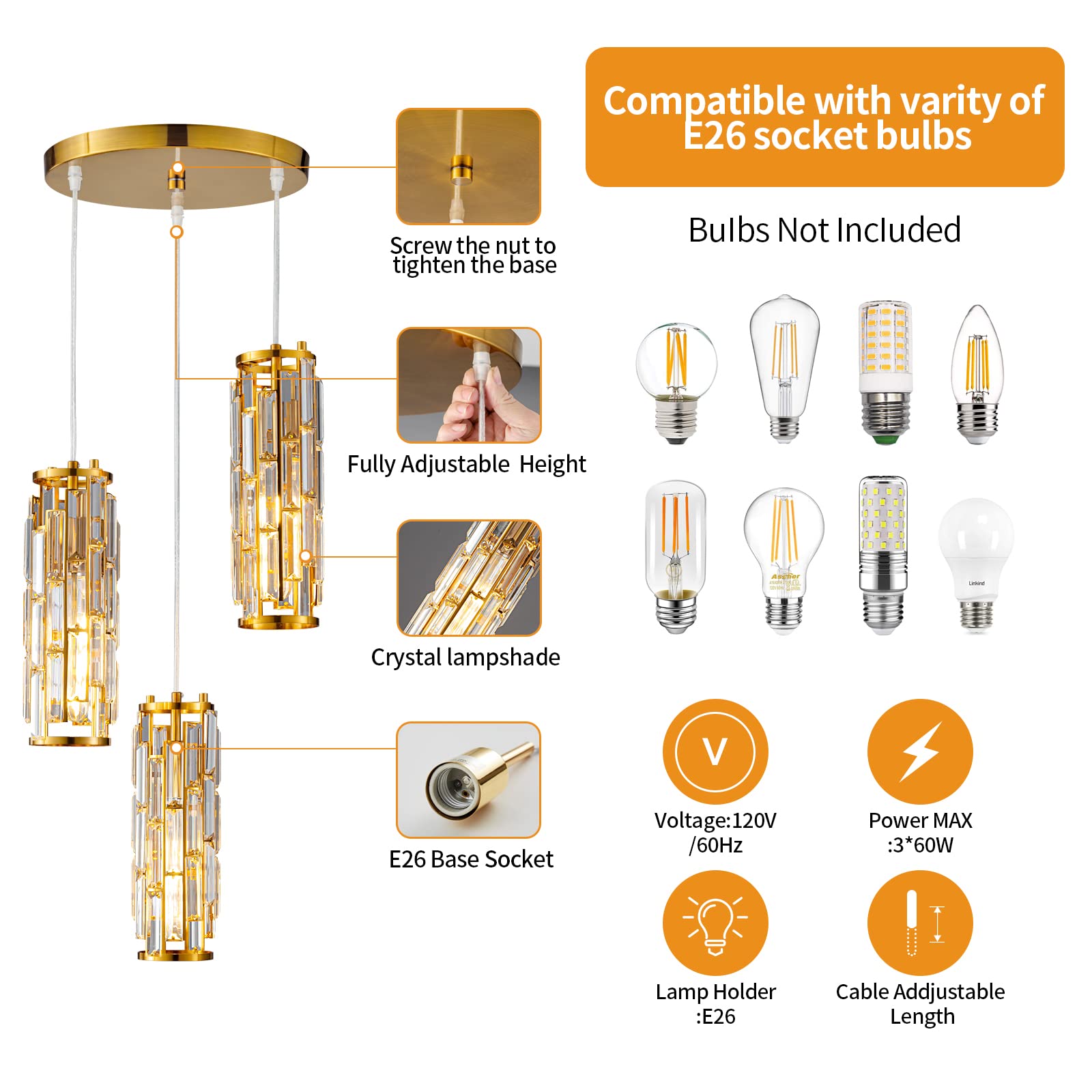 LMQNINE Pendant Lighting Modern Pendant Light, Mini Crystal Chandeliers,Adjustable Pendant Light Fixture for Kitchen Island Dinning Room Bedroom (Gold, 3-Light)