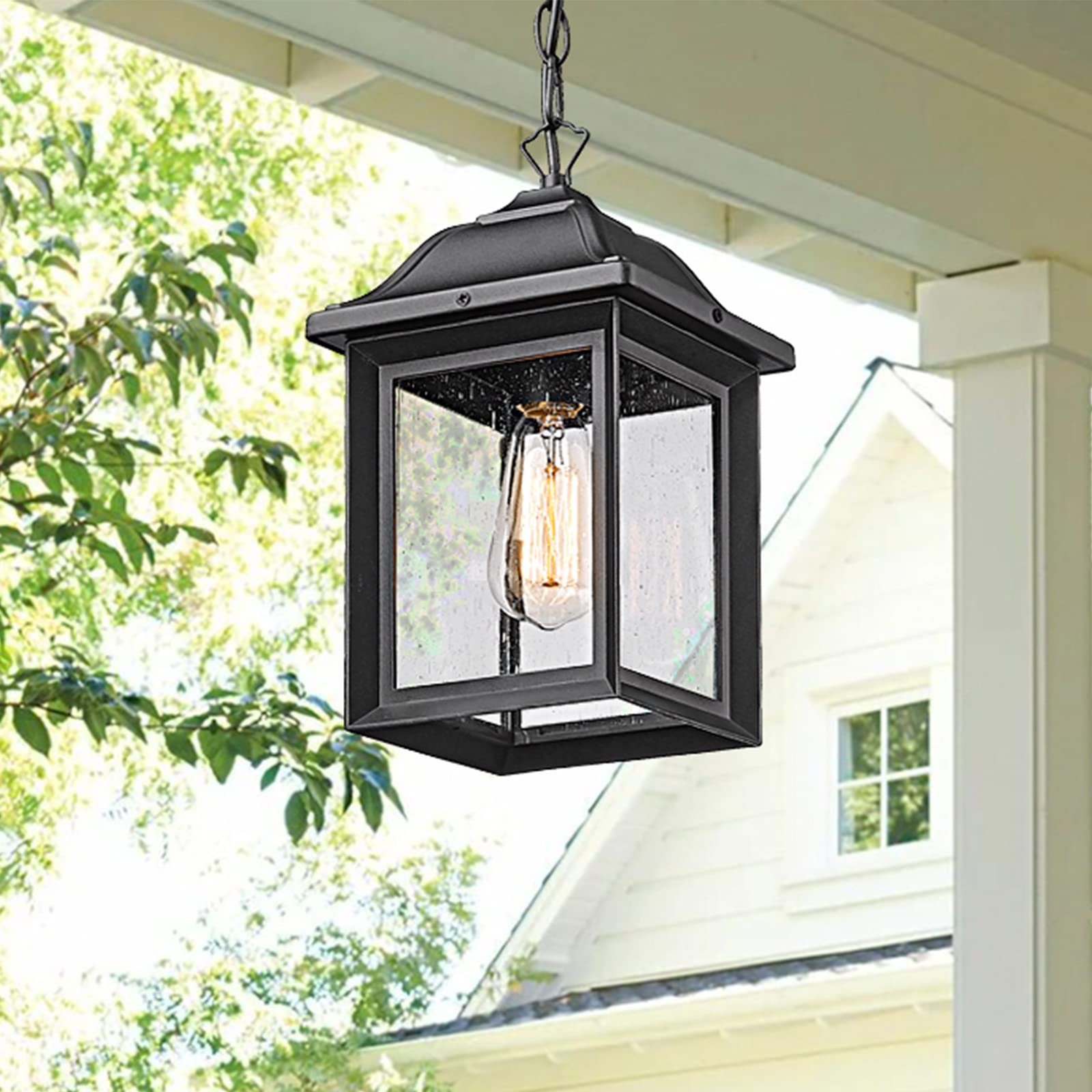 Outdoor Chandelier for Porch, Exterior Hanging Lantern Farmhouse Ceiling Outdoor Light with Seeded Glass, Outdoor Pendant Light Fixture for Front Door, Entry, Gazebo (Aluminum, Sand Black Finish)