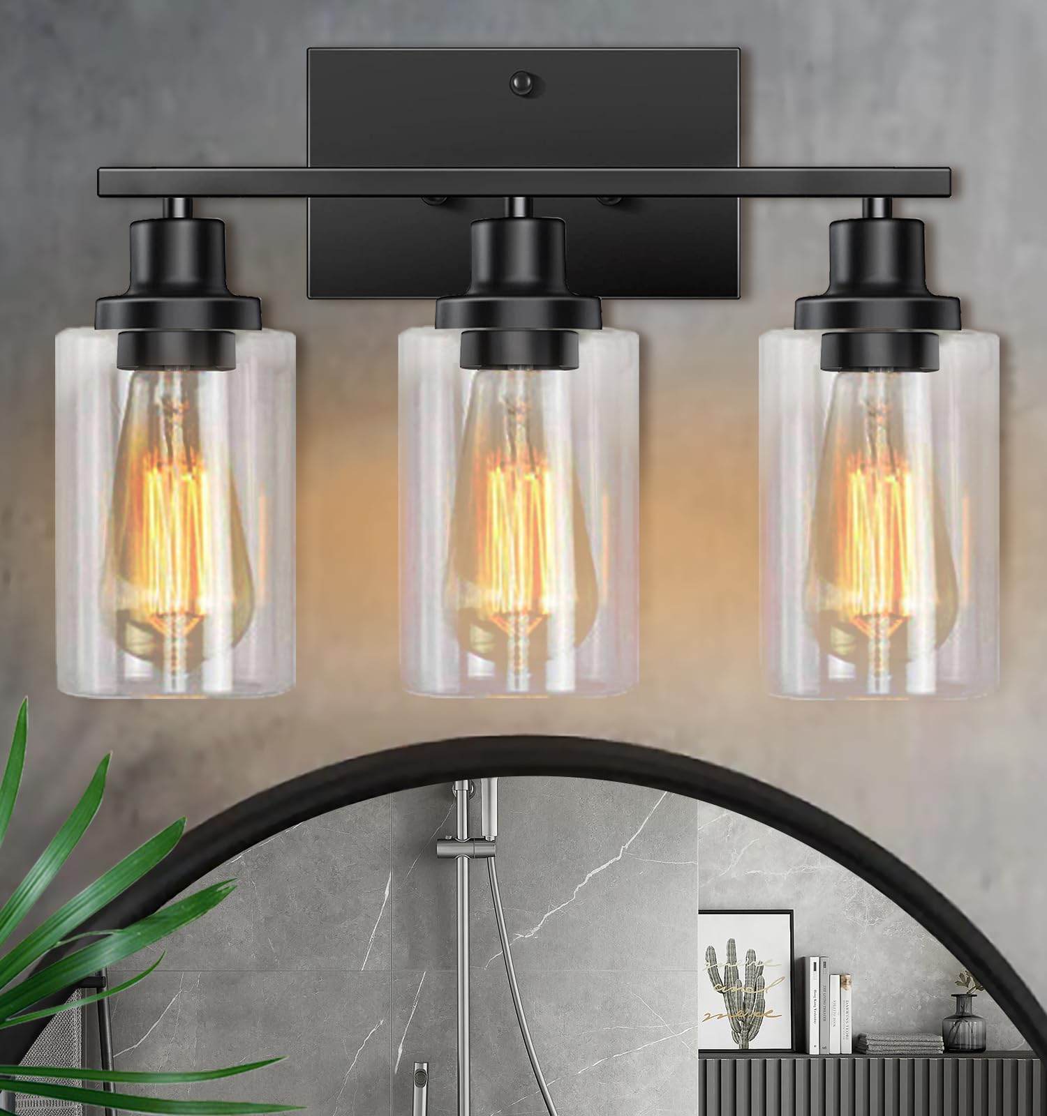 Bathroom Light Fixtures, 3-Light Bathroom Vanity Light, Matte Black Vanity Light with Clear Glass Shade, Modern Bathroom Lights Over Mirror, Vanity Lighting Fixtures for Bathroom, Living Room, Hallway