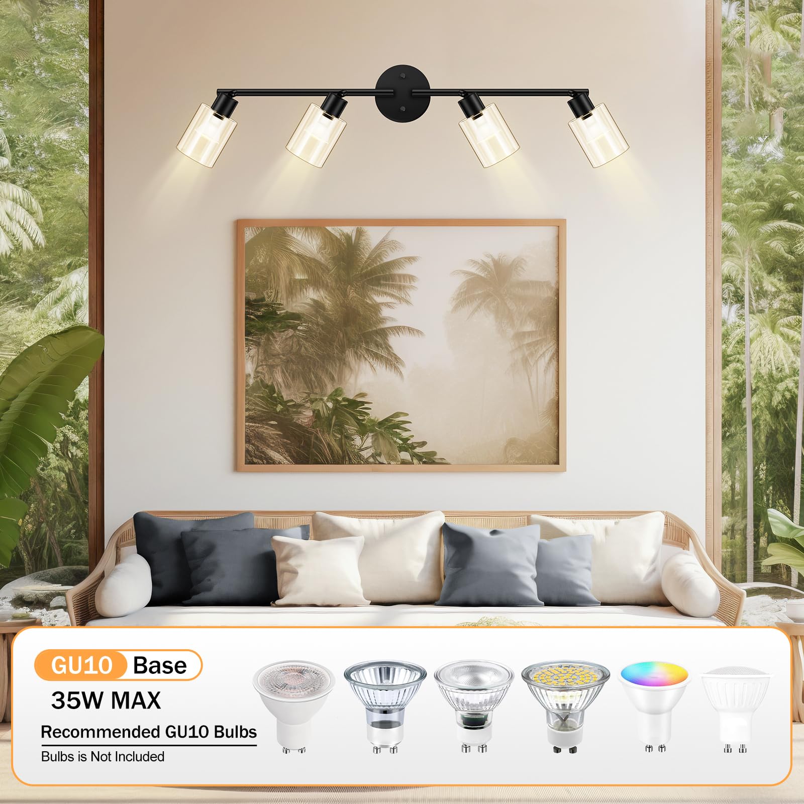 4 Light Led Track Light,Glass Lightshade Track Lighting Kits,4 Way Modern Ceiling Spot Lights for Kitchen,Dining Room,Bedroom,Hallway,Flexibly Rotatable Light Head,Black,Not GU10 Bulb