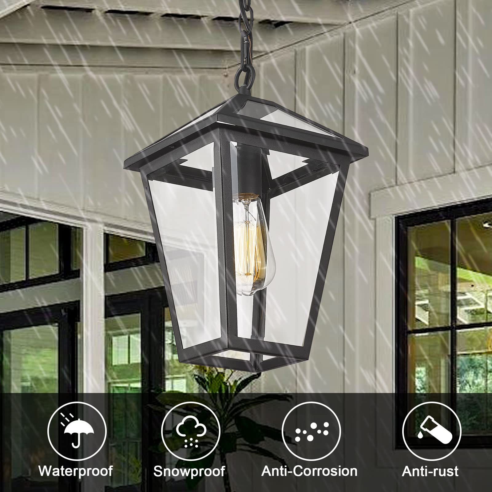 Outdoor Pendant Light for Porch, Exterior Hanging Lantern Outdoor Chandelier in Black Finish for Entryway, Doorway, Farmhouse, Foyer