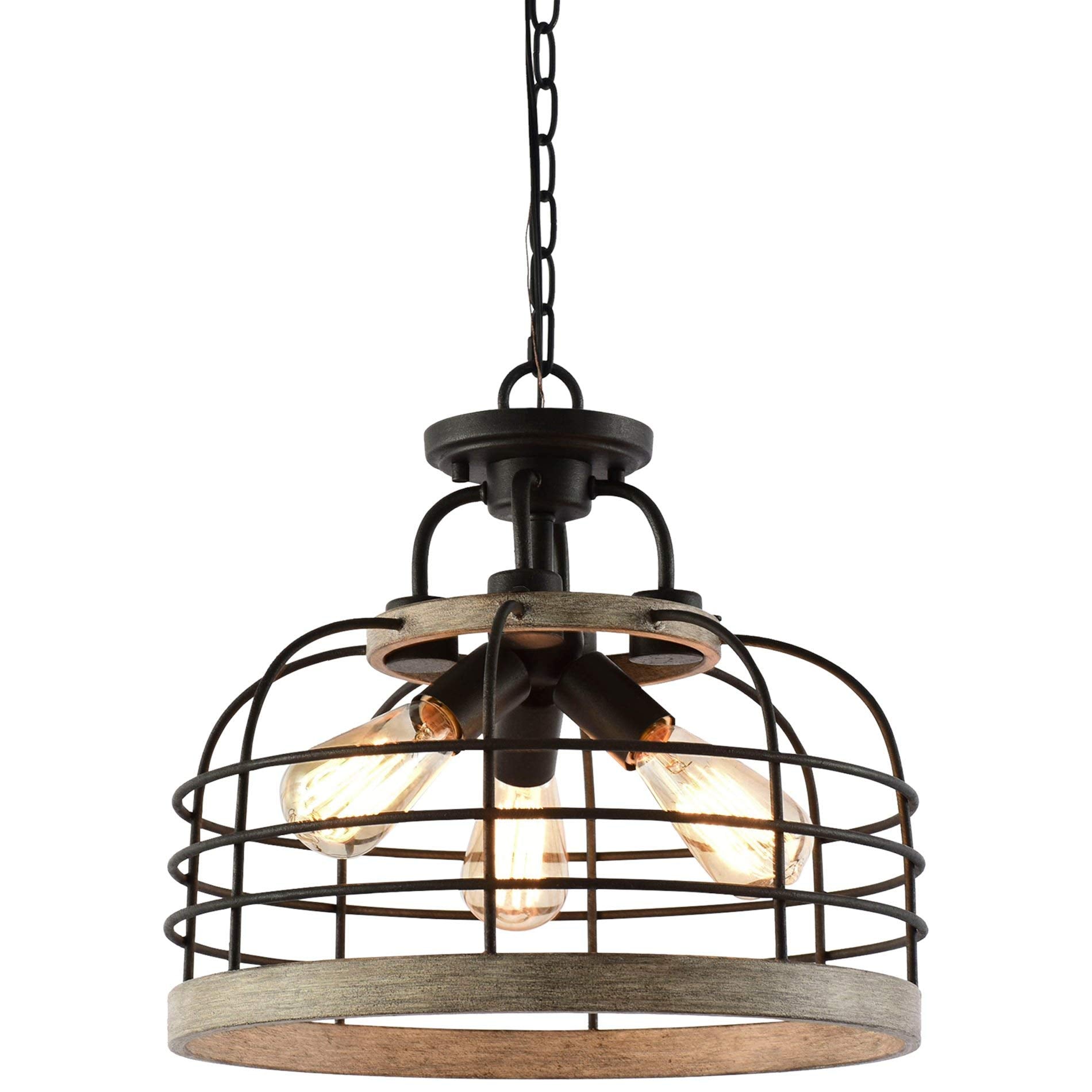 17" 3-Light Industrial Farmhouse Semi Flush Convertible Pendant Chandelier Light with Cage Shade, Rustic Light Cedar Wood Style + Coarse Black Finish